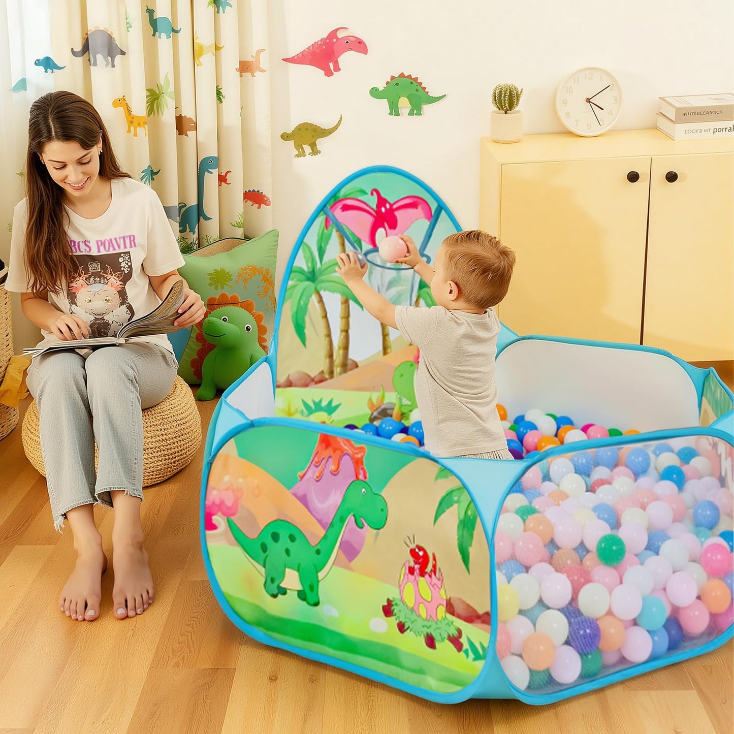 LOJETON Kids Ball Pit – 4ft Dinosaur World Pop-Up Play Tent with Basketball Hoop