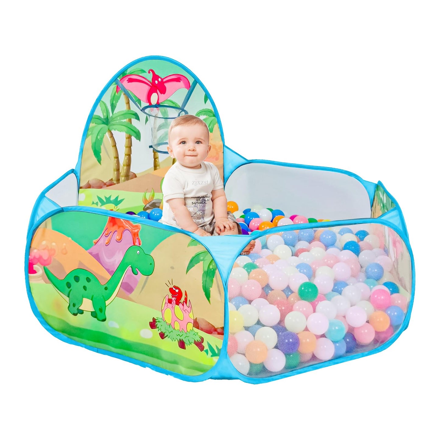 LOJETON Kids Ball Pit – 4ft Dinosaur World Pop-Up Play Tent with Basketball Hoop