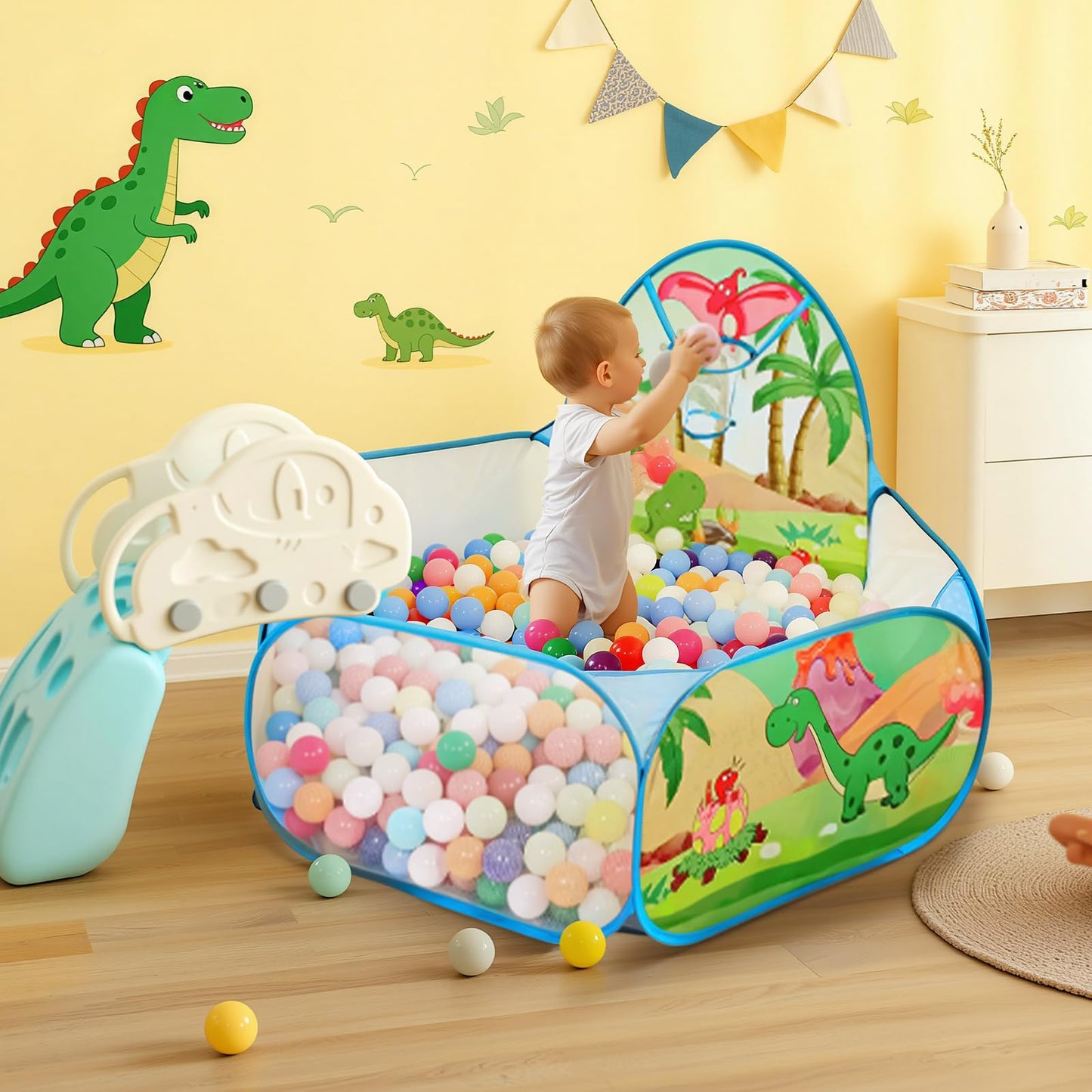 LOJETON Kids Ball Pit – 4ft Dinosaur World Pop-Up Play Tent with Basketball Hoop