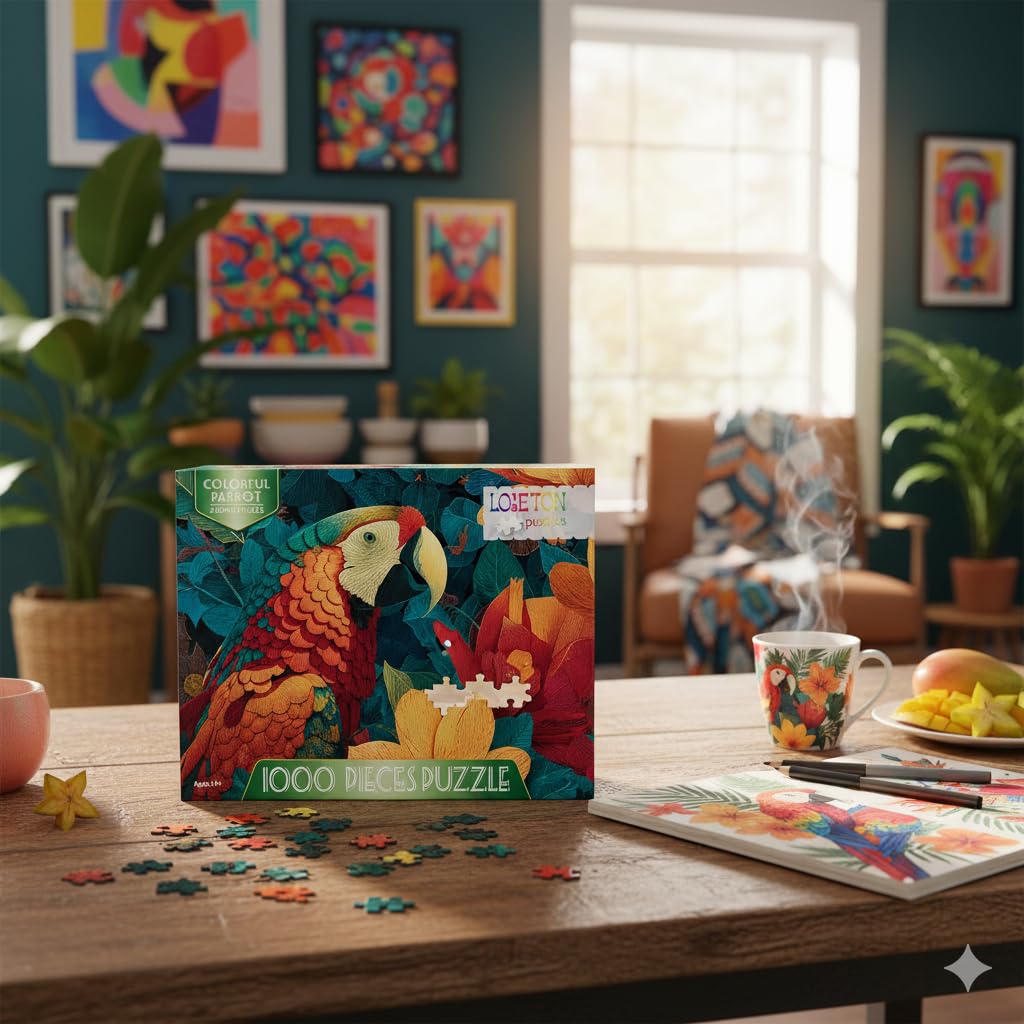 LOJETON 1000-Piece Jigsaw Puzzles for Adults – Colorful Rainforest Parrot with Letter-Back, 27.5 x 19.7 in