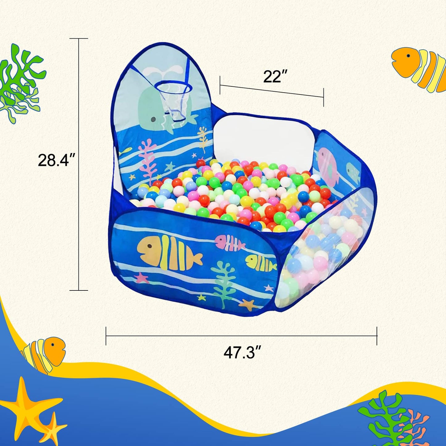 LOJETON Kids Ball Pit Ocean — 4 ft Play Tent with Basketball Hoop