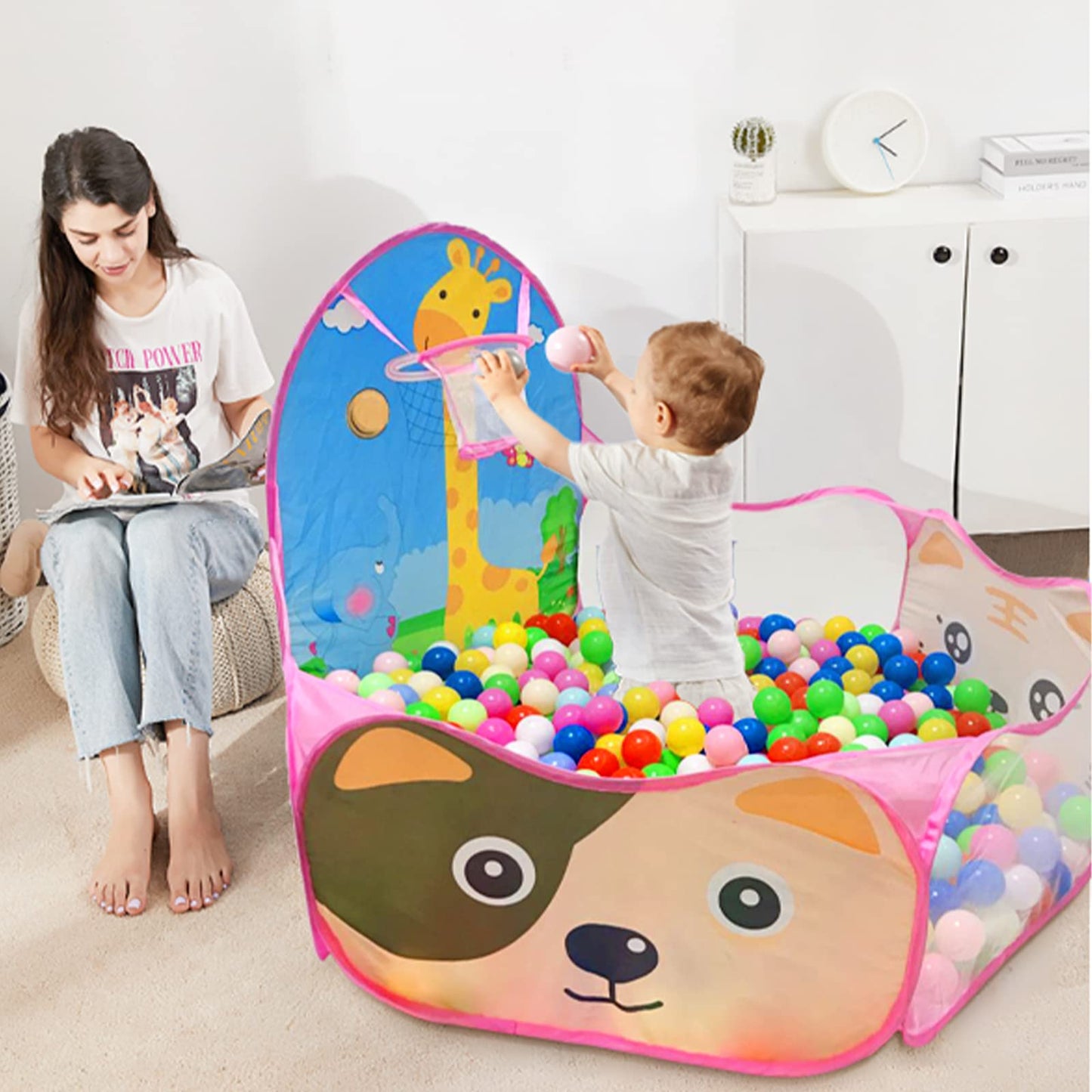LOJETON Kids Ball Pit with Basketball Hoop – 4 ft Pop Up Play Tent