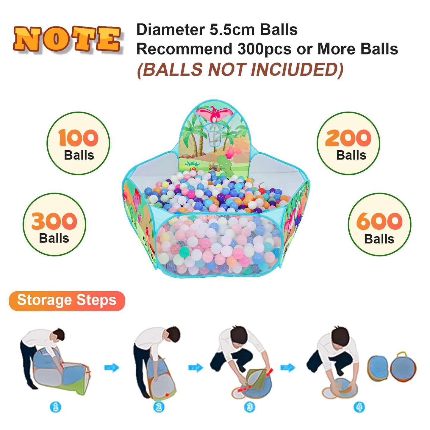 LOJETON Kids Ball Pit – 4ft Dinosaur World Pop-Up Play Tent with Basketball Hoop