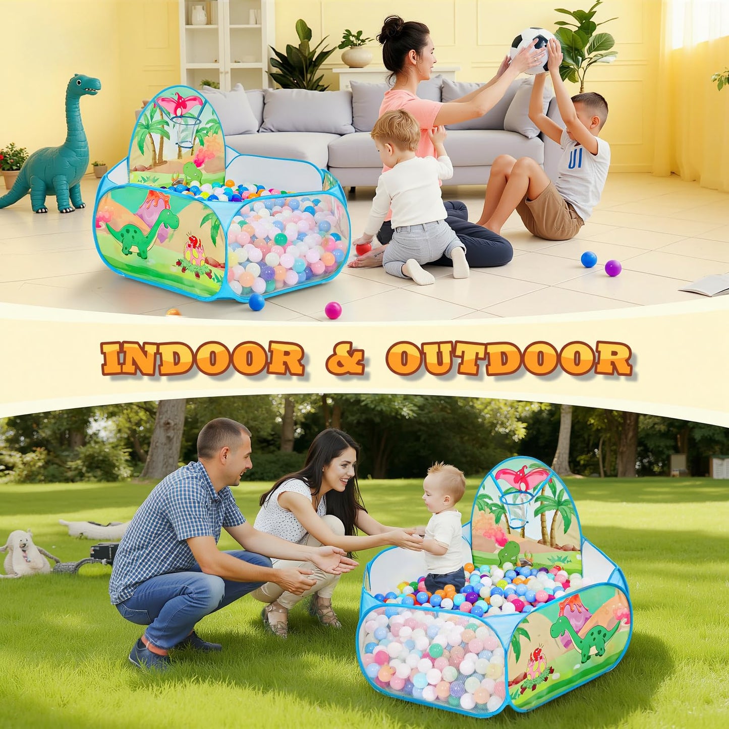 LOJETON Kids Ball Pit – 4ft Dinosaur World Pop-Up Play Tent with Basketball Hoop
