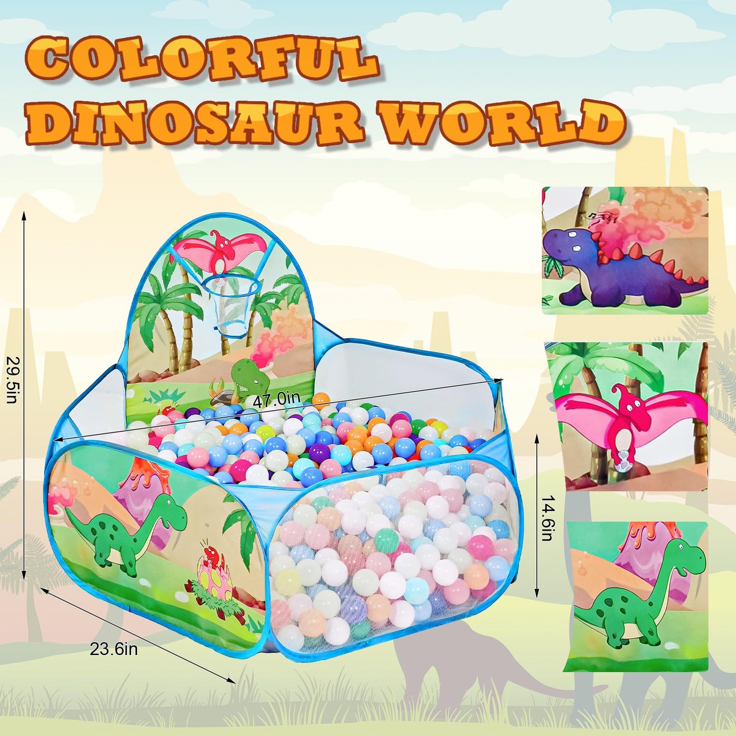 LOJETON Kids Ball Pit – 4ft Dinosaur World Pop-Up Play Tent with Basketball Hoop