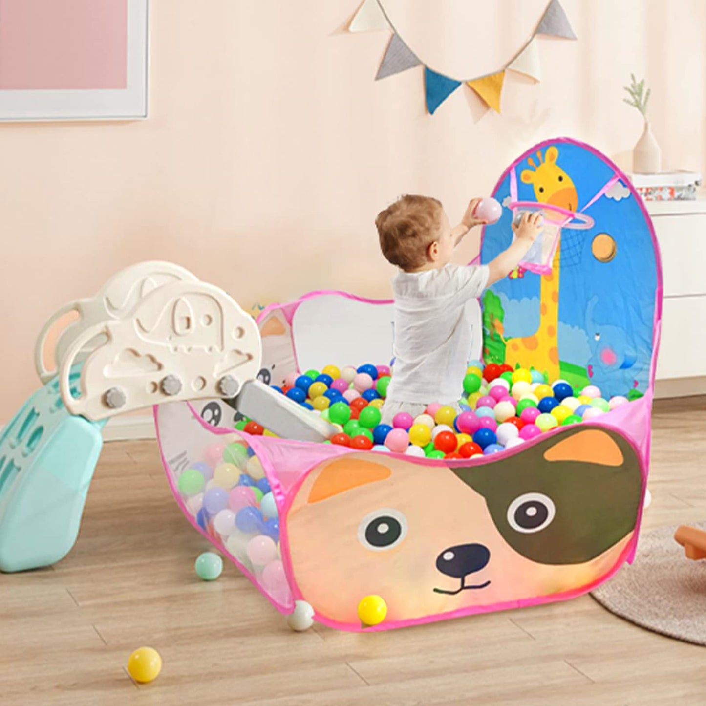 LOJETON Kids Ball Pit with Basketball Hoop – 4 ft Pop Up Play Tent