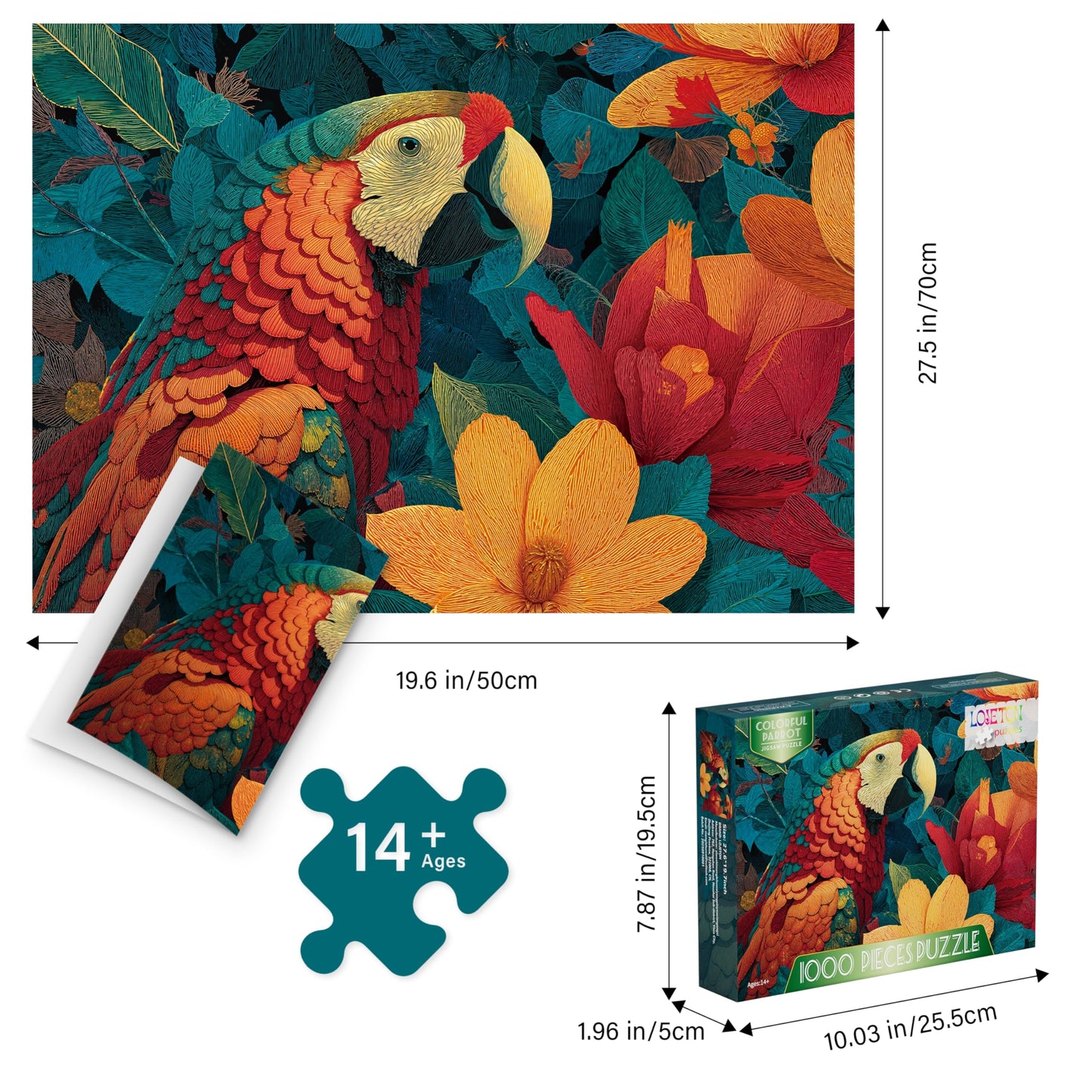 LOJETON 1000-Piece Jigsaw Puzzles for Adults – Colorful Rainforest Parrot with Letter-Back, 27.5 x 19.7 in