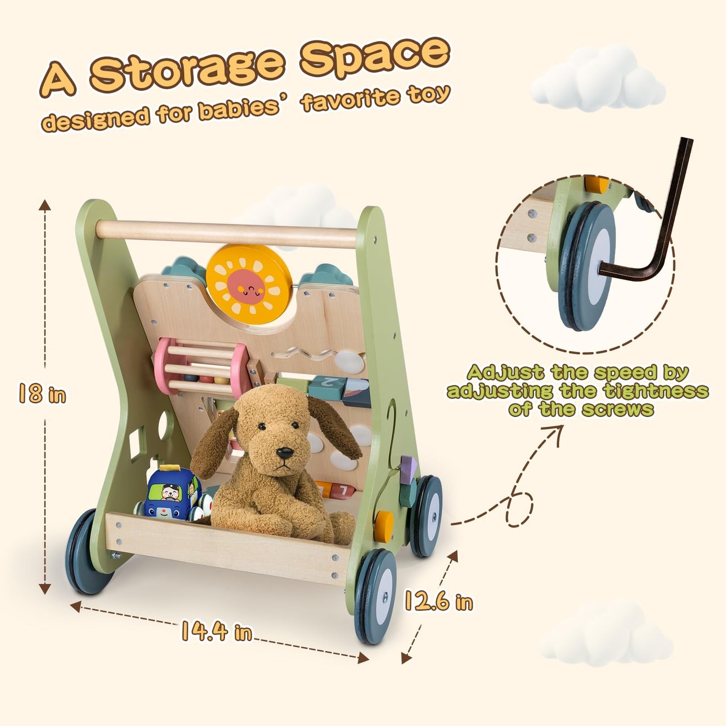 LOL-FUN Wooden Baby Walker with Wheels — 9-in-1 Montessori Activity Center
