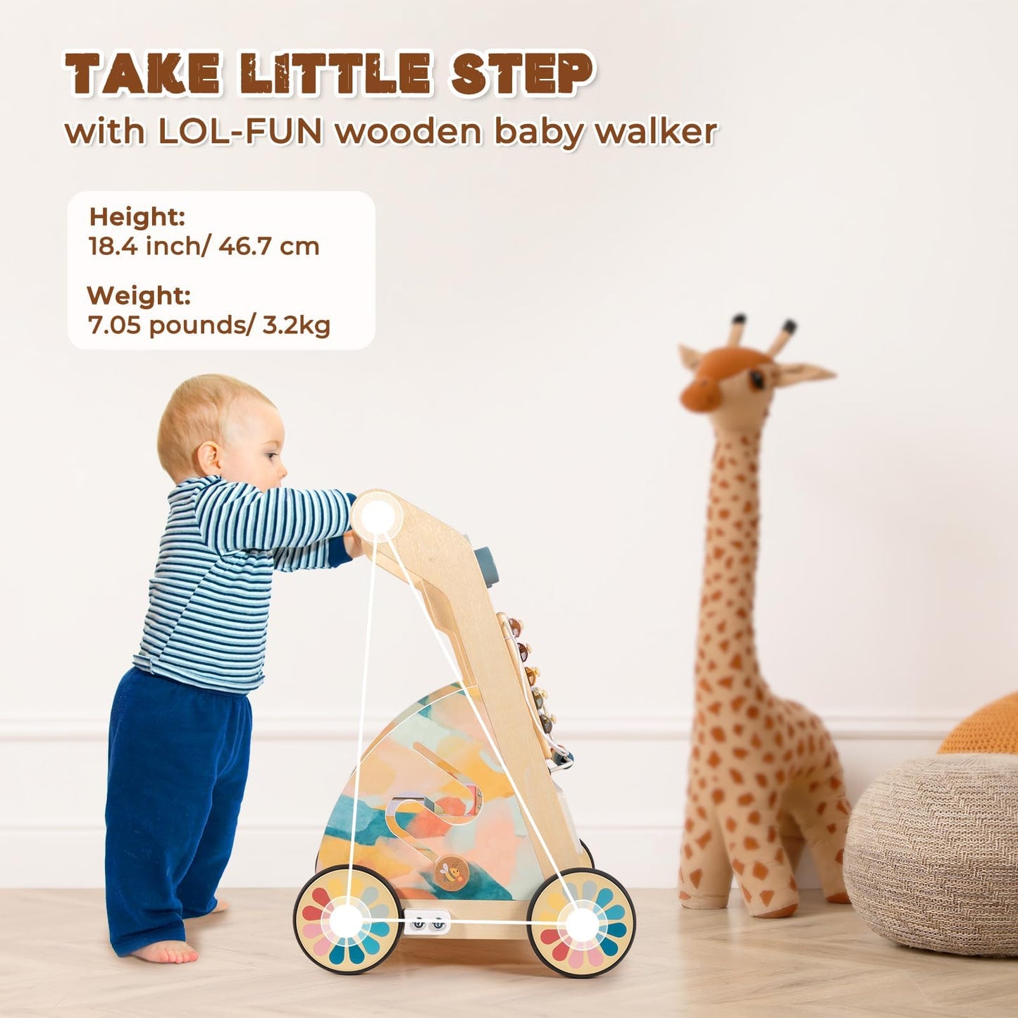 LOL-FUN Wooden Baby Walker with Detachable Busy Board & Adjustable Speed Wheels