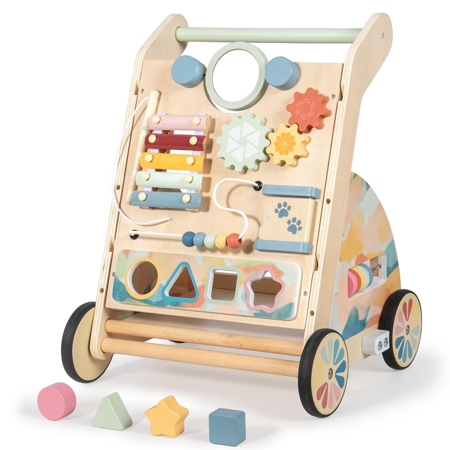 LOL-FUN Wooden Baby Walker with Detachable Busy Board & Adjustable Speed Wheels