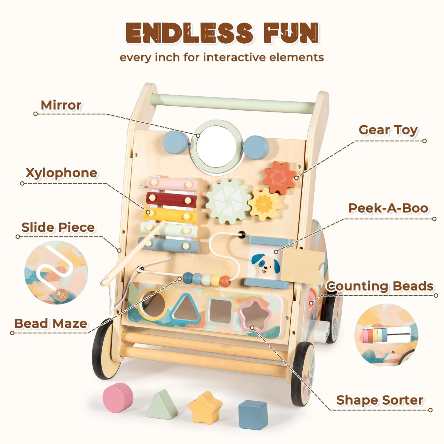 LOL-FUN Wooden Baby Walker with Detachable Busy Board & Adjustable Speed Wheels