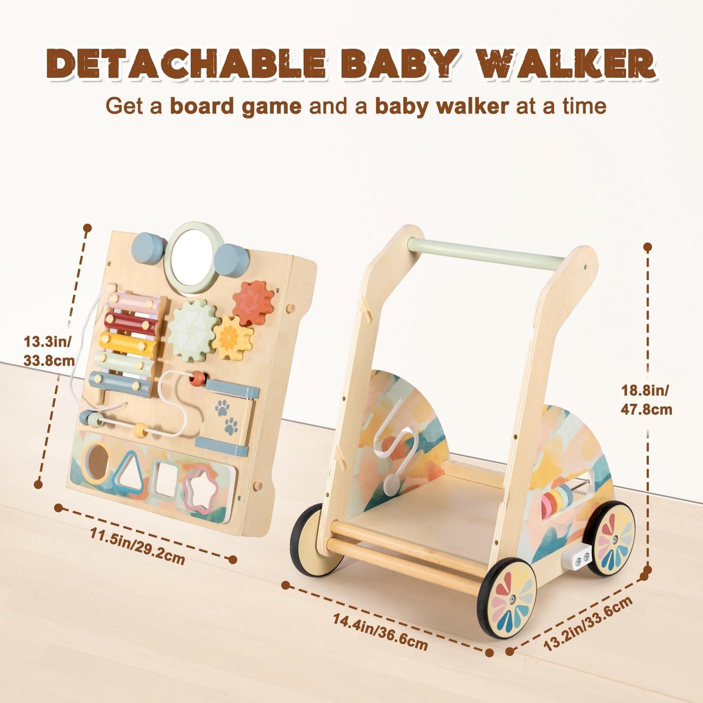 LOL-FUN Wooden Baby Walker with Detachable Busy Board & Adjustable Speed Wheels