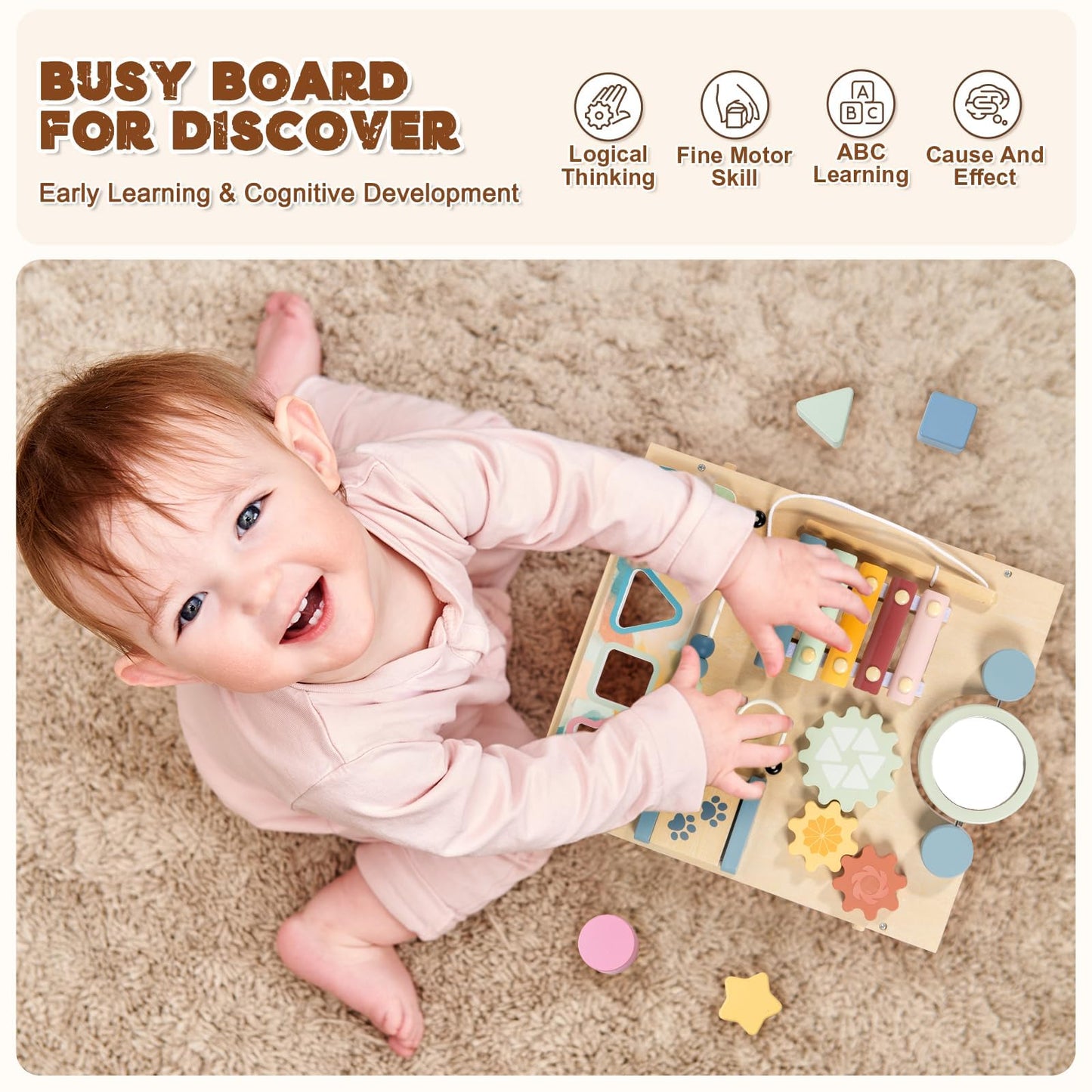 LOL-FUN Wooden Baby Walker with Detachable Busy Board & Adjustable Speed Wheels