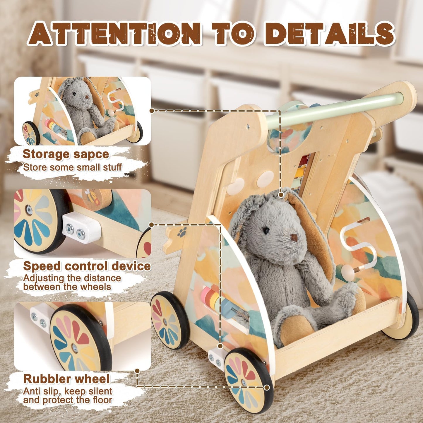 LOL-FUN Wooden Baby Walker with Detachable Busy Board & Adjustable Speed Wheels