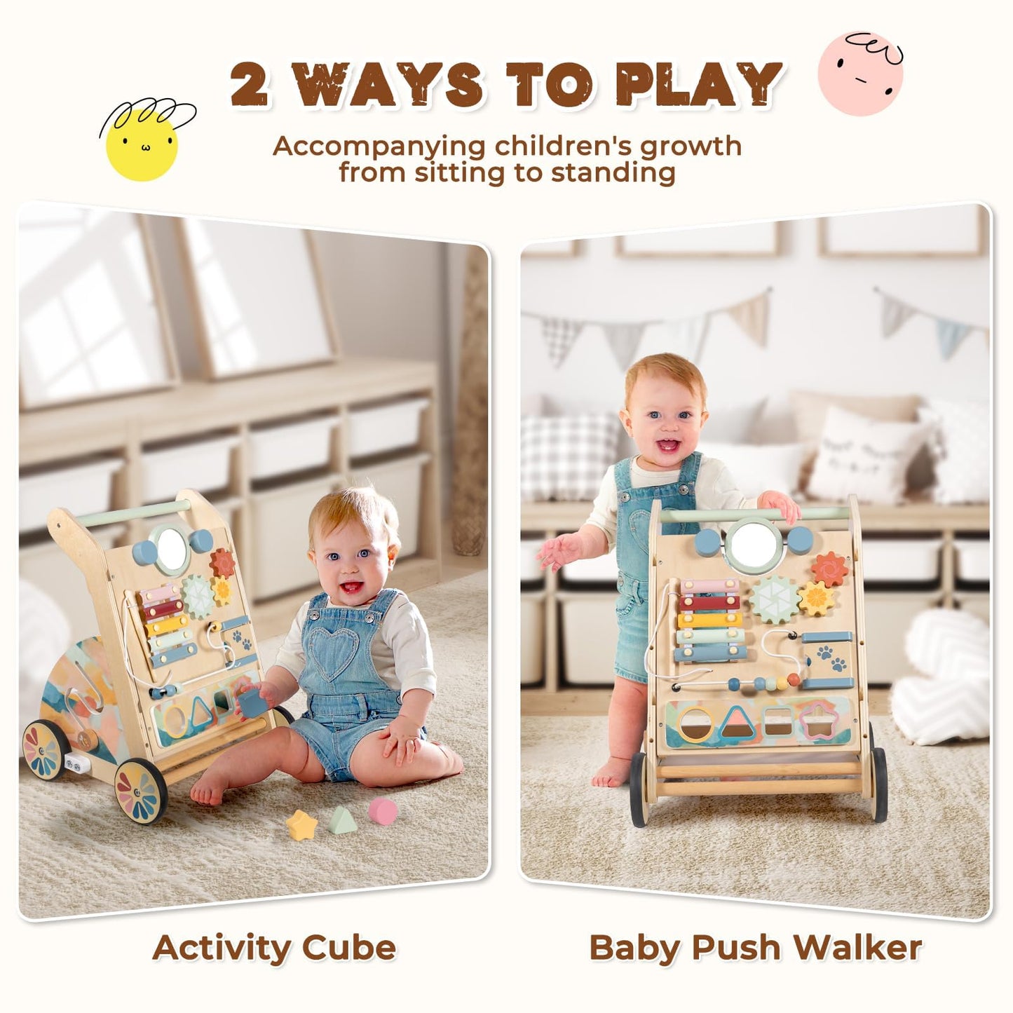 LOL-FUN Wooden Baby Walker with Detachable Busy Board & Adjustable Speed Wheels
