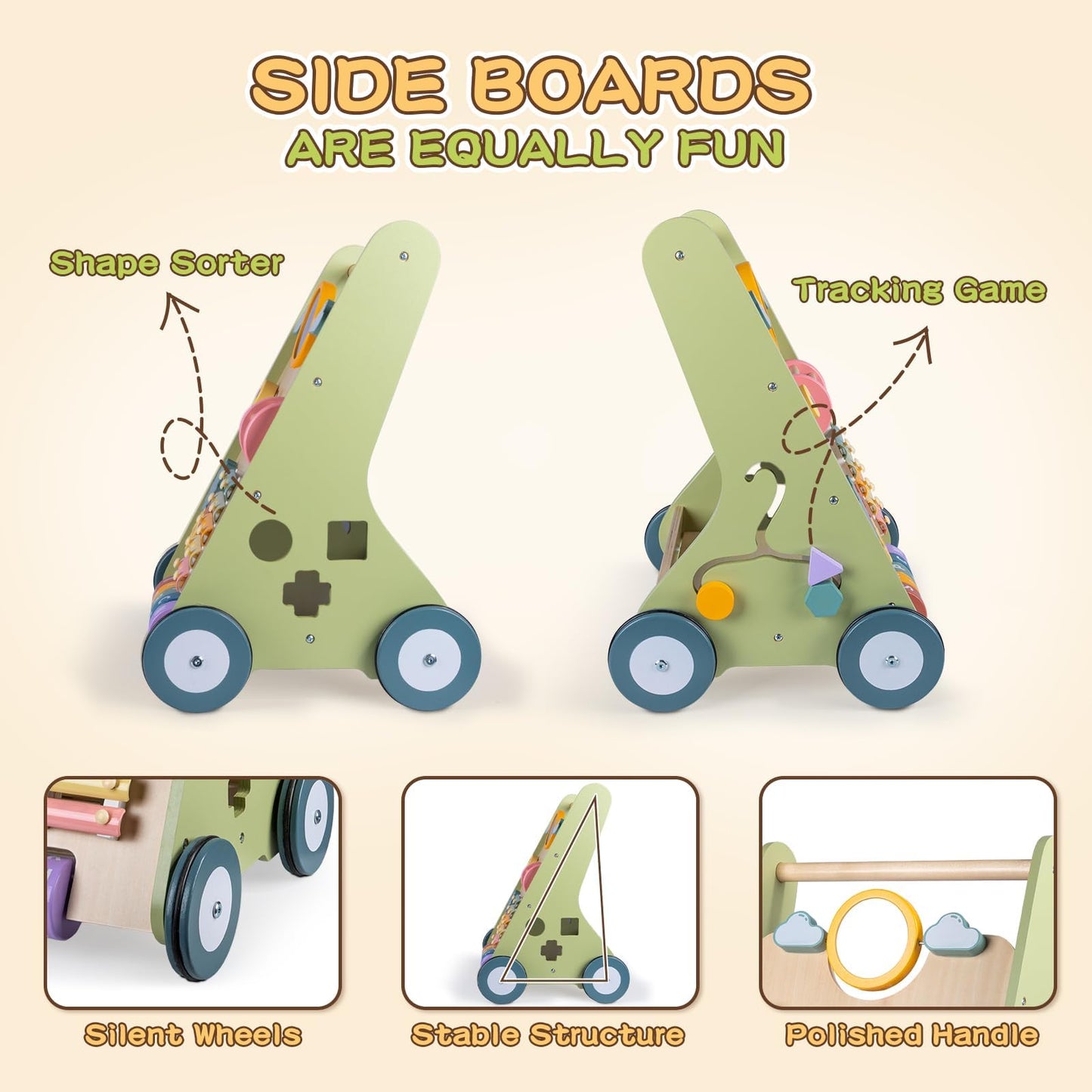 LOL-FUN Wooden Baby Walker with Wheels — 9-in-1 Montessori Activity Center