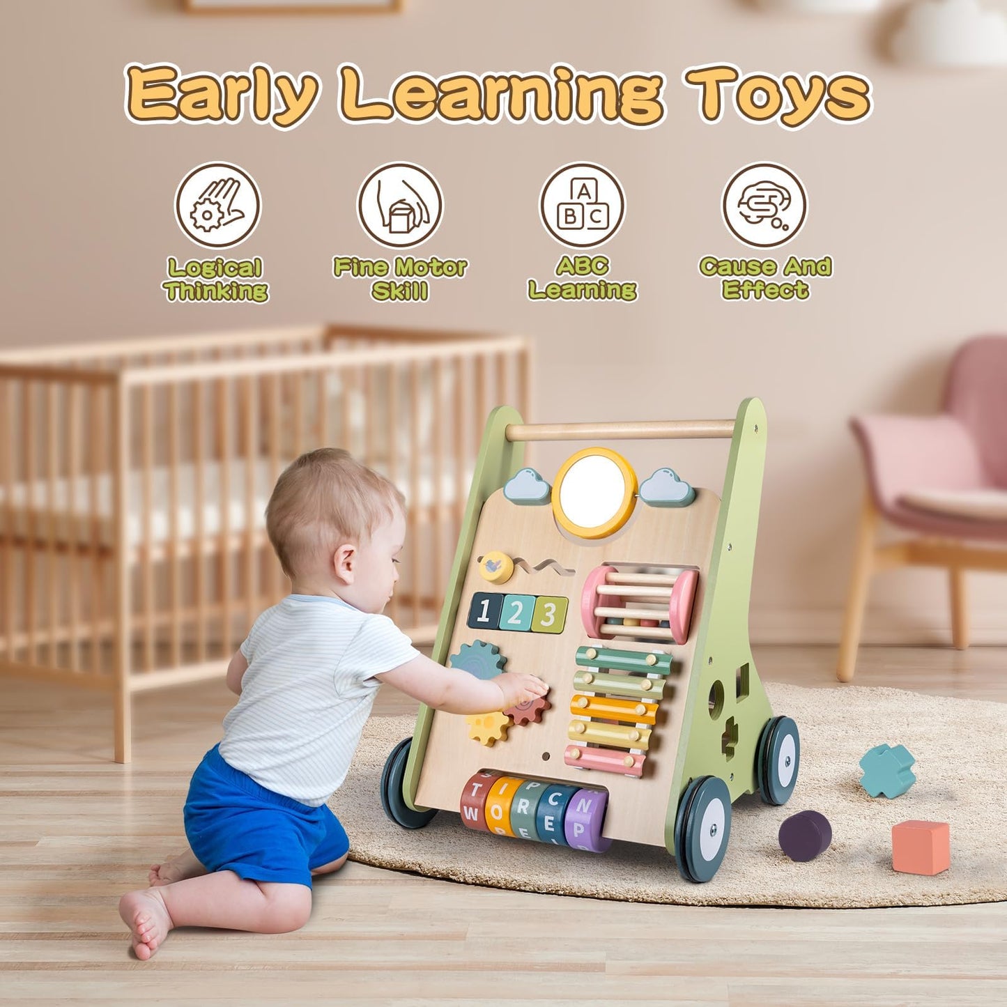 LOL-FUN Wooden Baby Walker with Wheels — 9-in-1 Montessori Activity Center