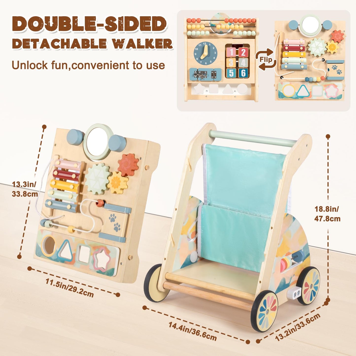LOL-FUN Wooden Baby Walker with Double-Sided Busy Board and Adjustable Speed Wheels