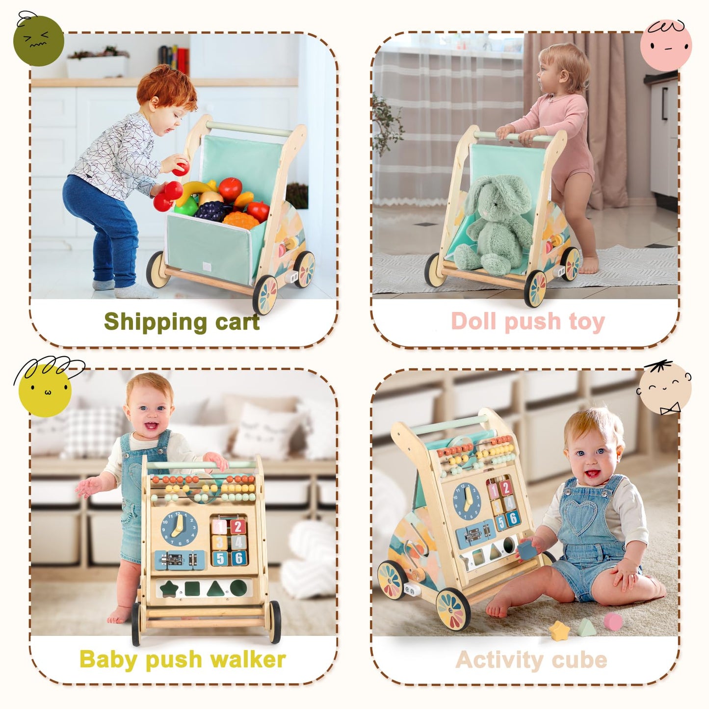 LOL-FUN Wooden Baby Walker with Double-Sided Busy Board and Adjustable Speed Wheels