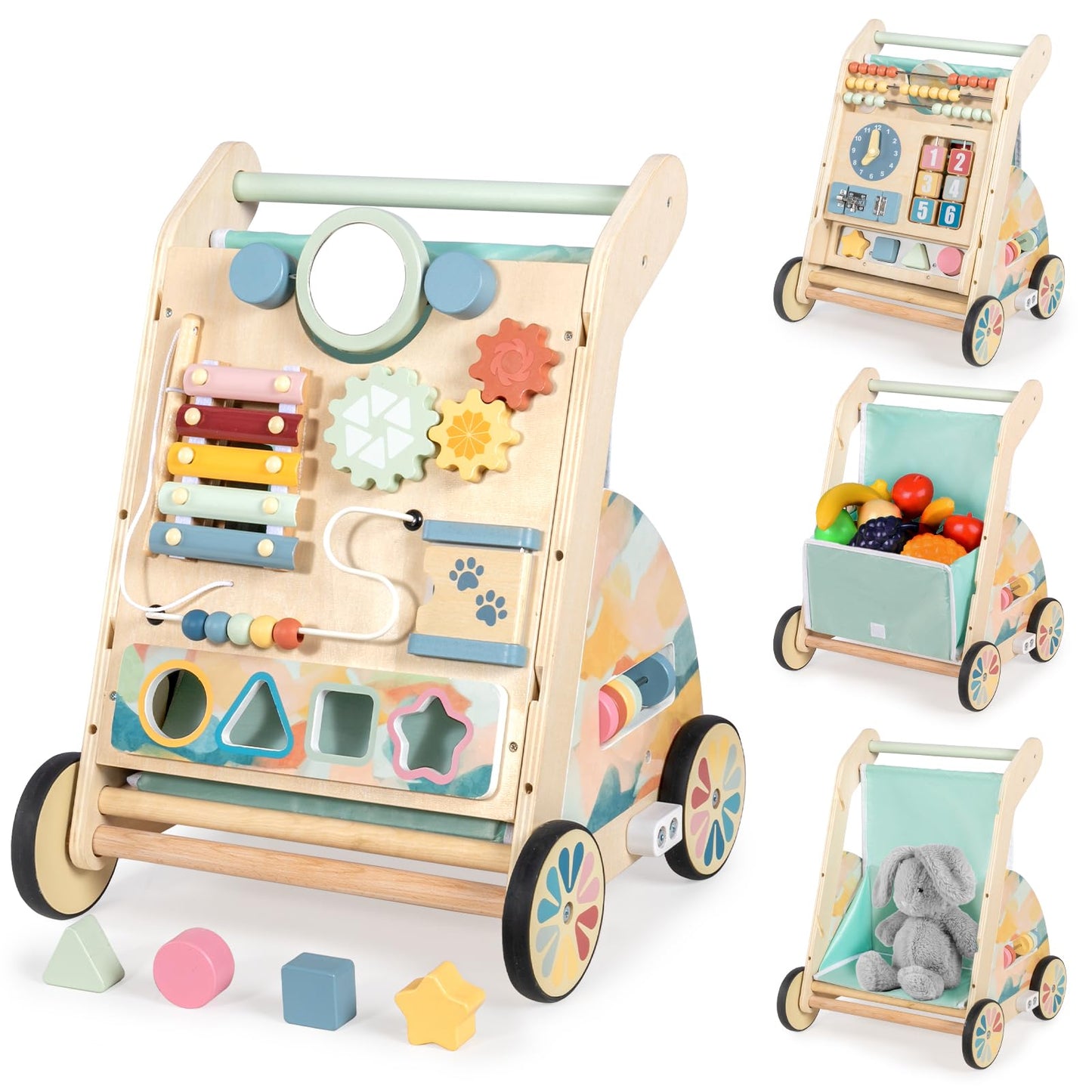 LOL-FUN Wooden Baby Walker with Double-Sided Busy Board and Adjustable Speed Wheels