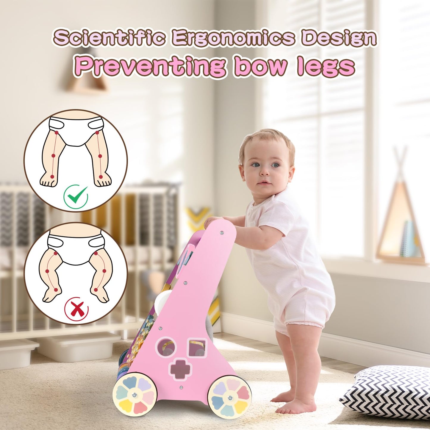 LOL-FUN Pink Wooden Baby Walker with Wheels – 9-in-1 Activity Center for Girls