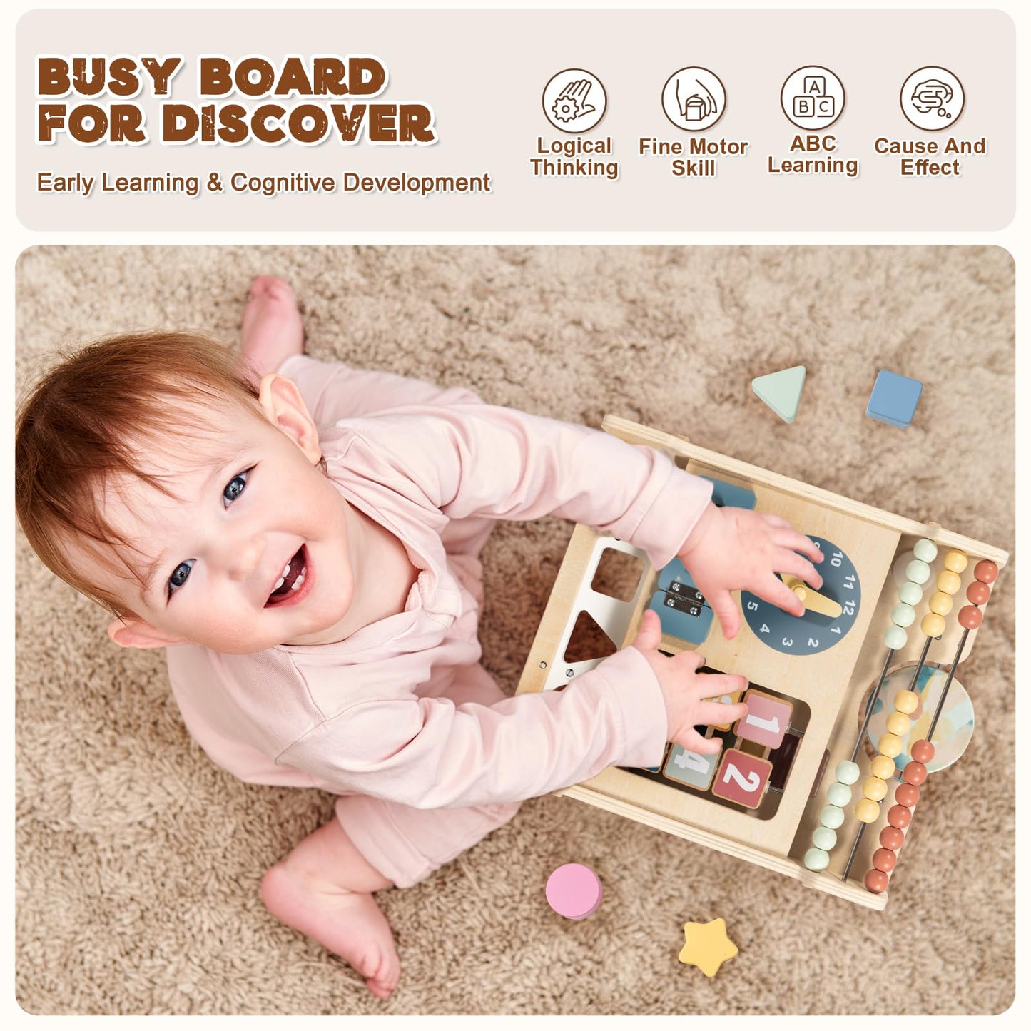 LOL-FUN Wooden Baby Walker with Double-Sided Busy Board and Adjustable Speed Wheels
