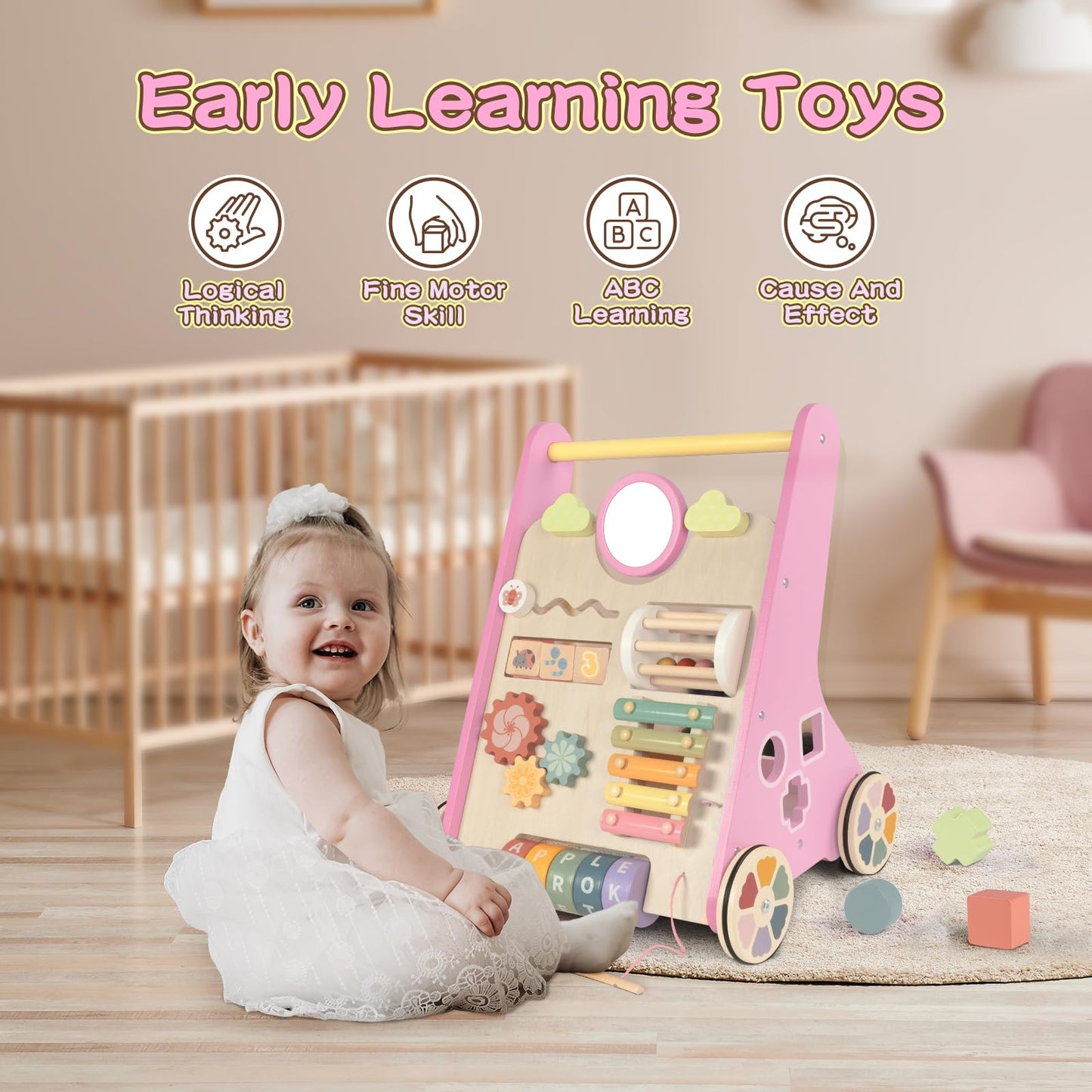 LOL-FUN Pink Wooden Baby Walker with Wheels – 9-in-1 Activity Center for Girls