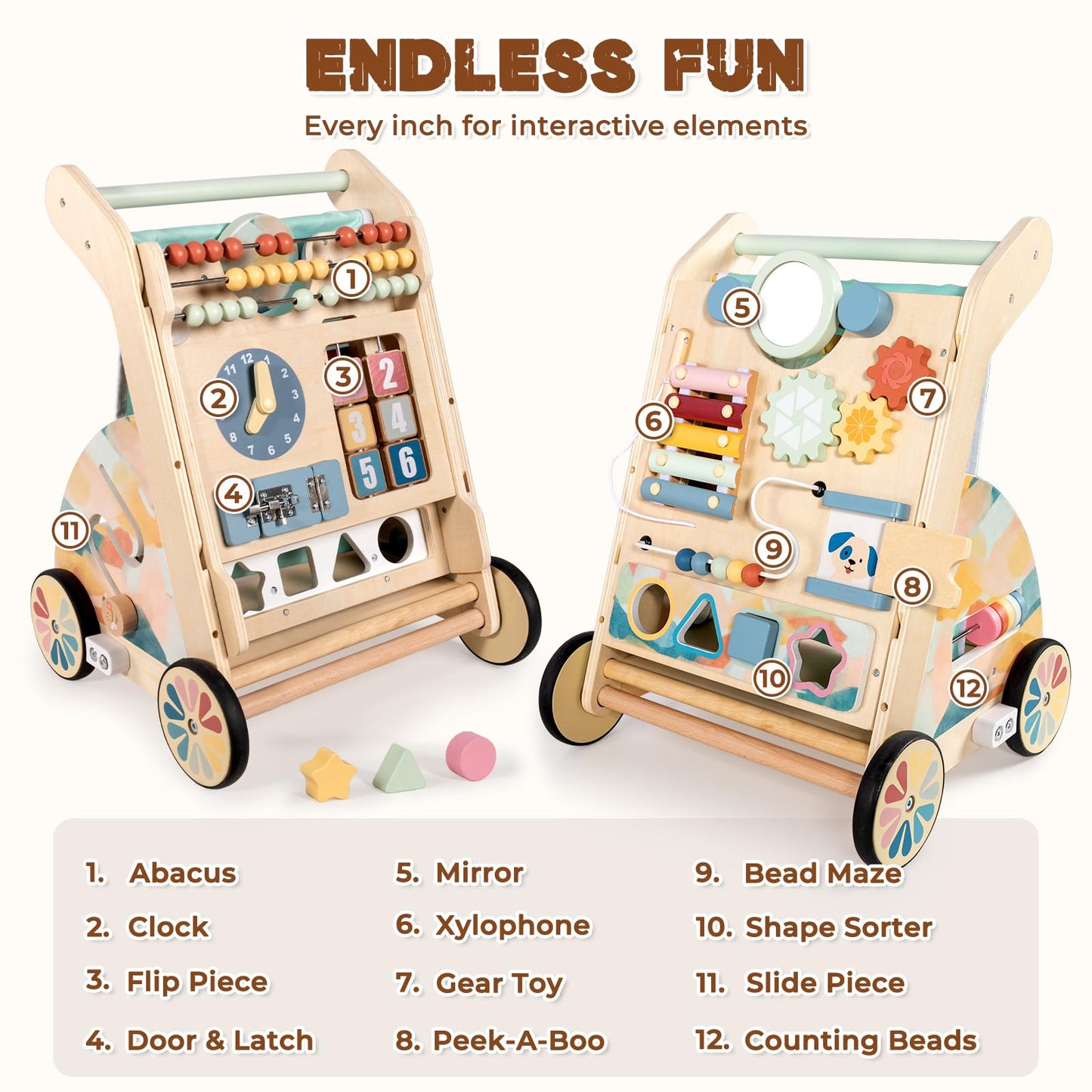 LOL-FUN Wooden Baby Walker with Double-Sided Busy Board and Adjustable Speed Wheels