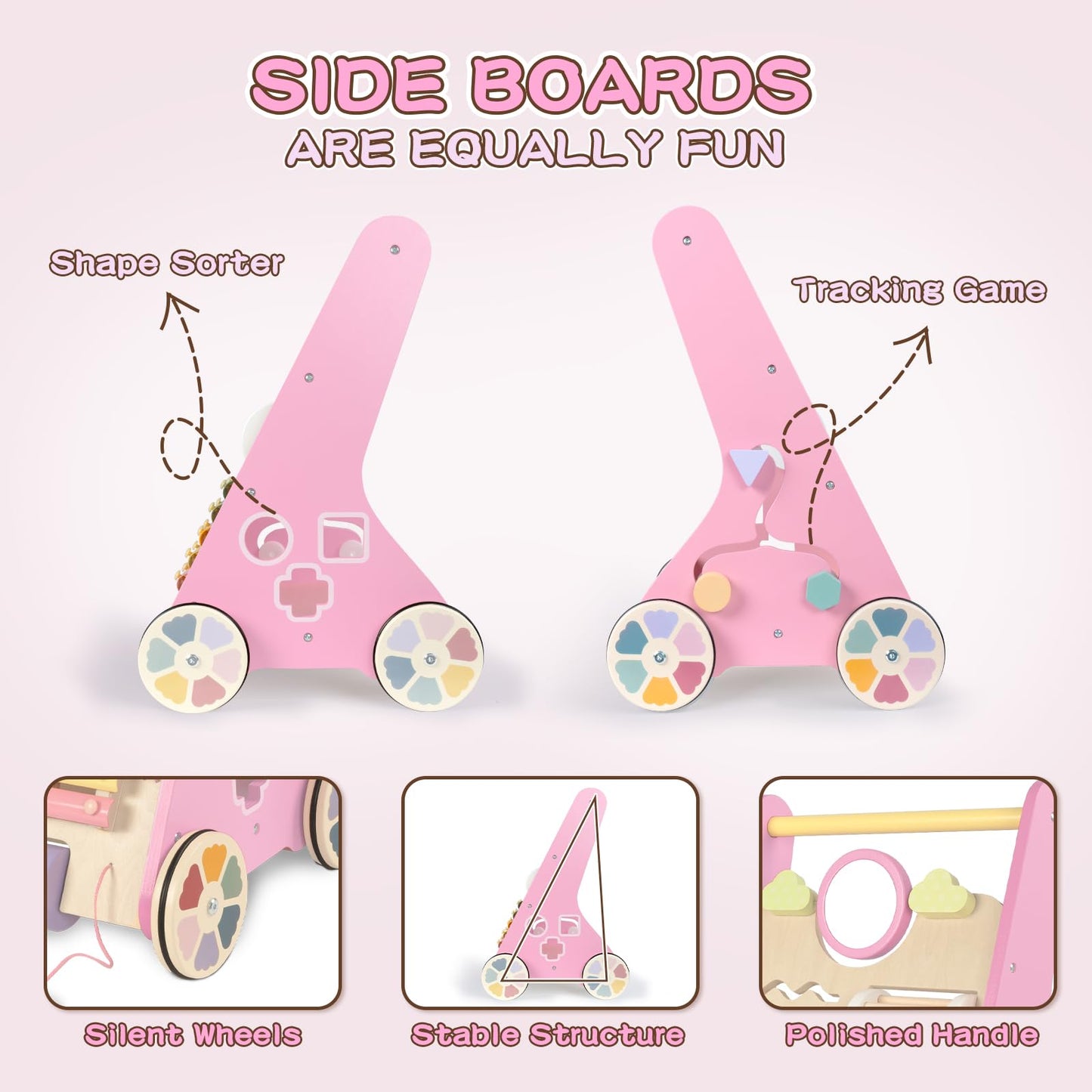 LOL-FUN Pink Wooden Baby Walker with Wheels – 9-in-1 Activity Center for Girls