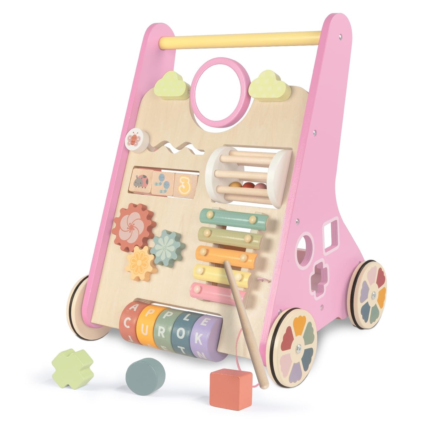 LOL-FUN Pink Wooden Baby Walker with Wheels – 9-in-1 Activity Center for Girls