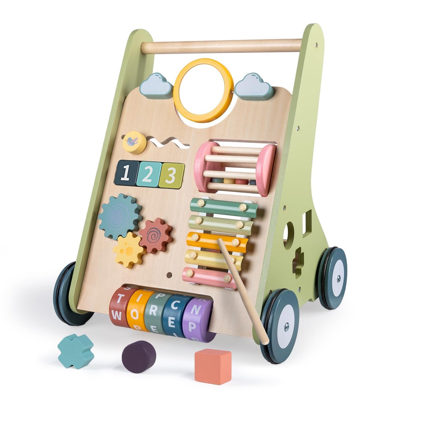LOL-FUN Wooden Baby Walker with Wheels — 9-in-1 Montessori Activity Center