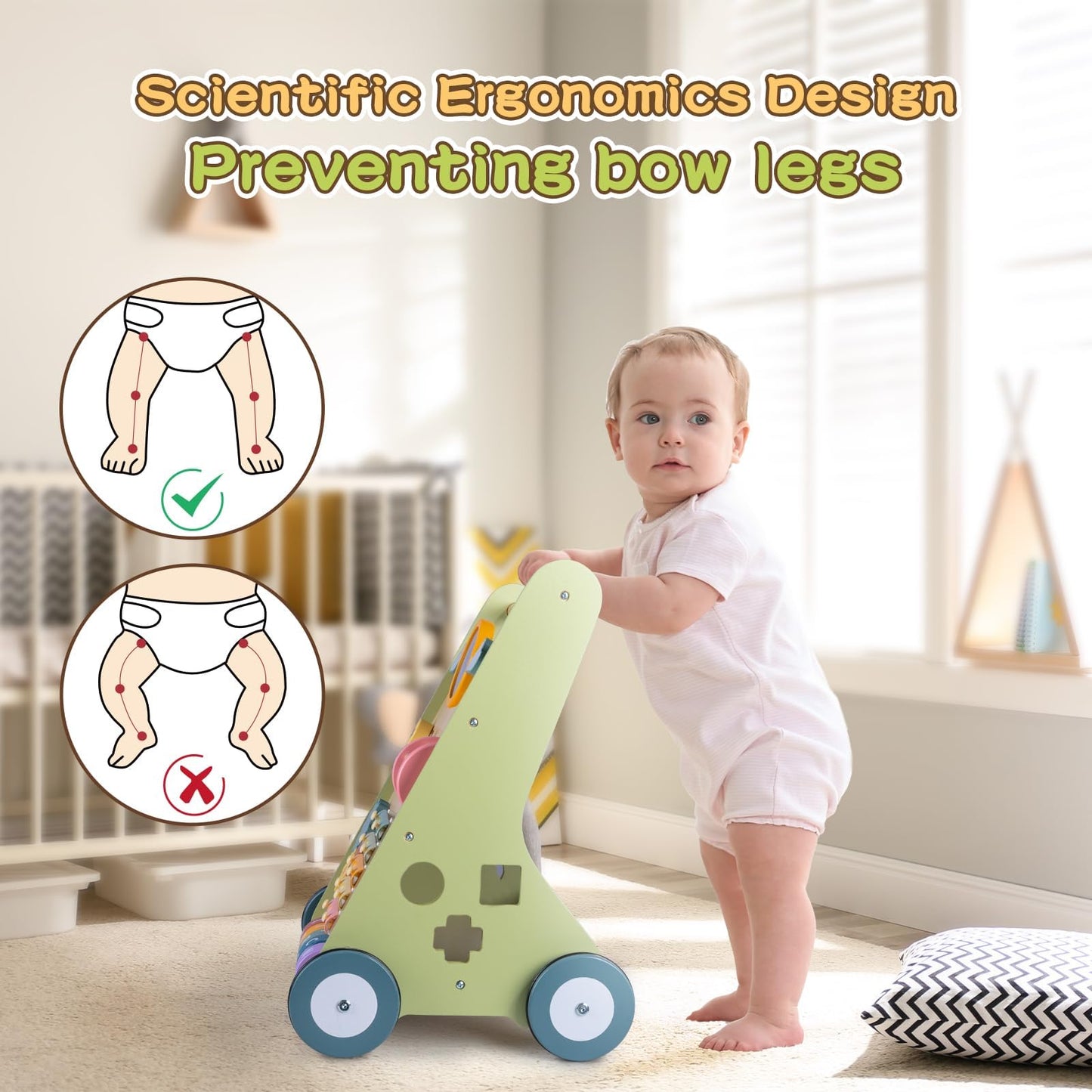 LOL-FUN Wooden Baby Walker with Wheels — 9-in-1 Montessori Activity Center