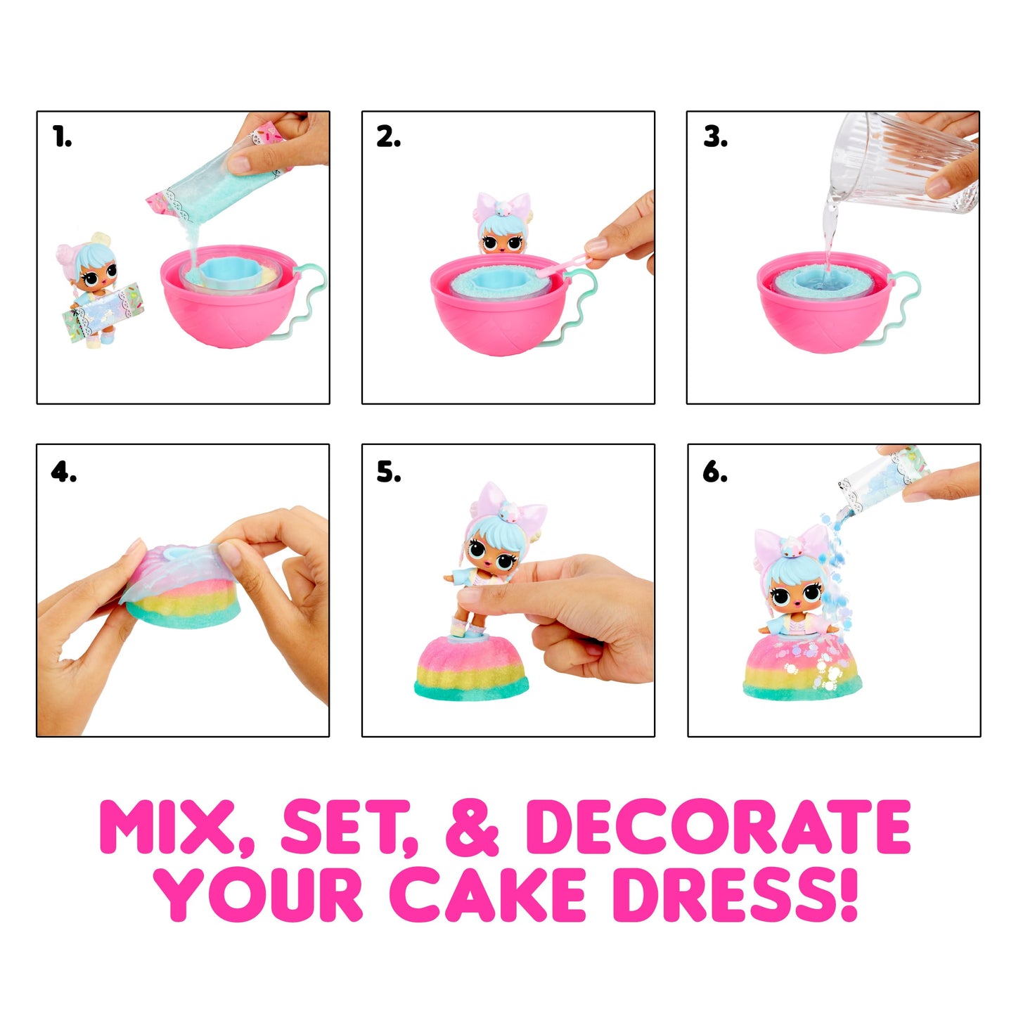 L.O.L. Surprise! Mix & Make Birthday Cake Tots — DIY Cake Dress Dolls, Glitter Sprinkles, 3 Mixes, Great Gift for Girls 3+
