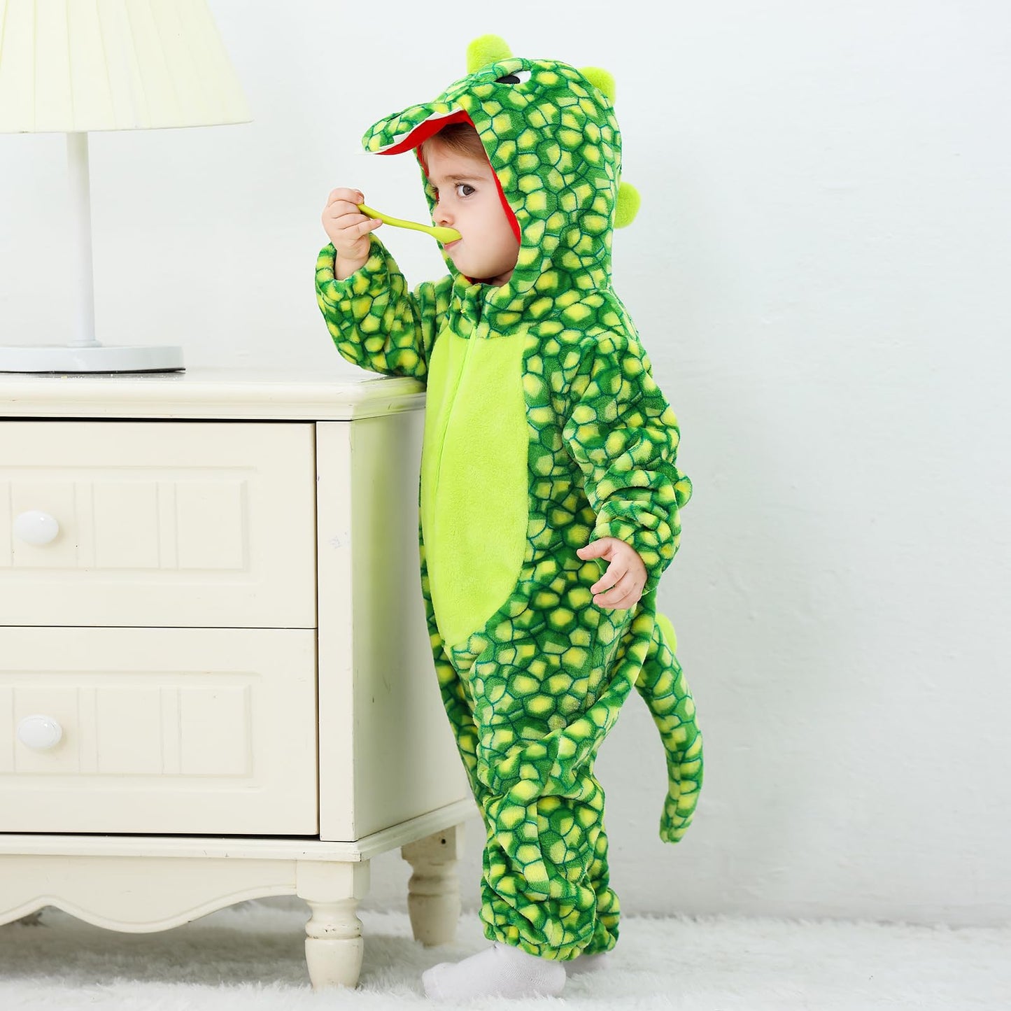LOLANTA Toddler Dinosaur Hooded Jumpsuit – Flannel Fleece Costume (18-23M, Checked Green)