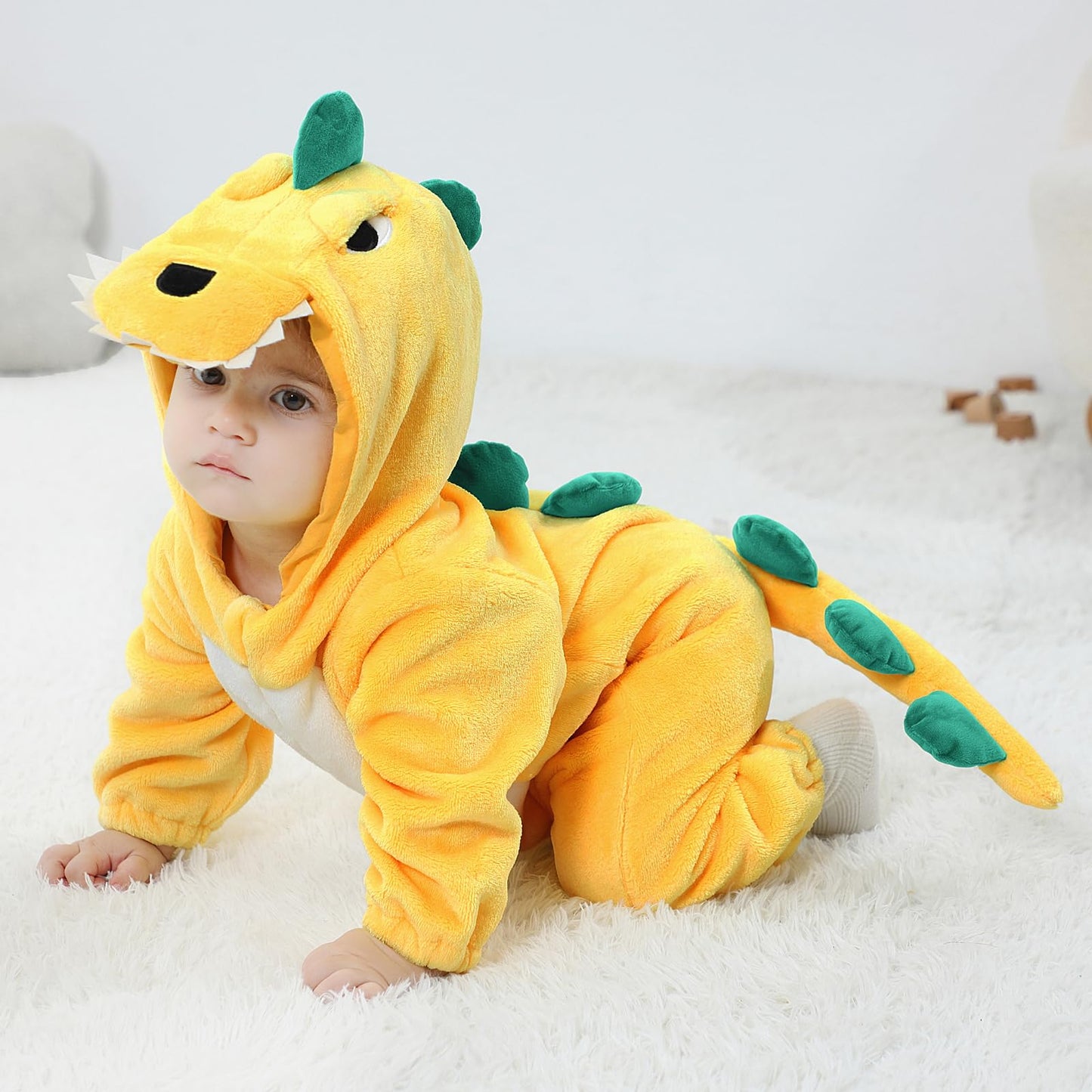 LOLANTA Toddler Dinosaur Costume Onesie – Flannel Hooded Jumpsuit, 5 Months to 4 Years, Yellow