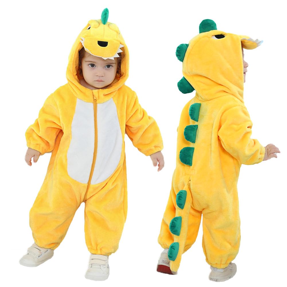 LOLANTA Toddler Dinosaur Costume Onesie – Flannel Hooded Jumpsuit, 5 Months to 4 Years, Yellow