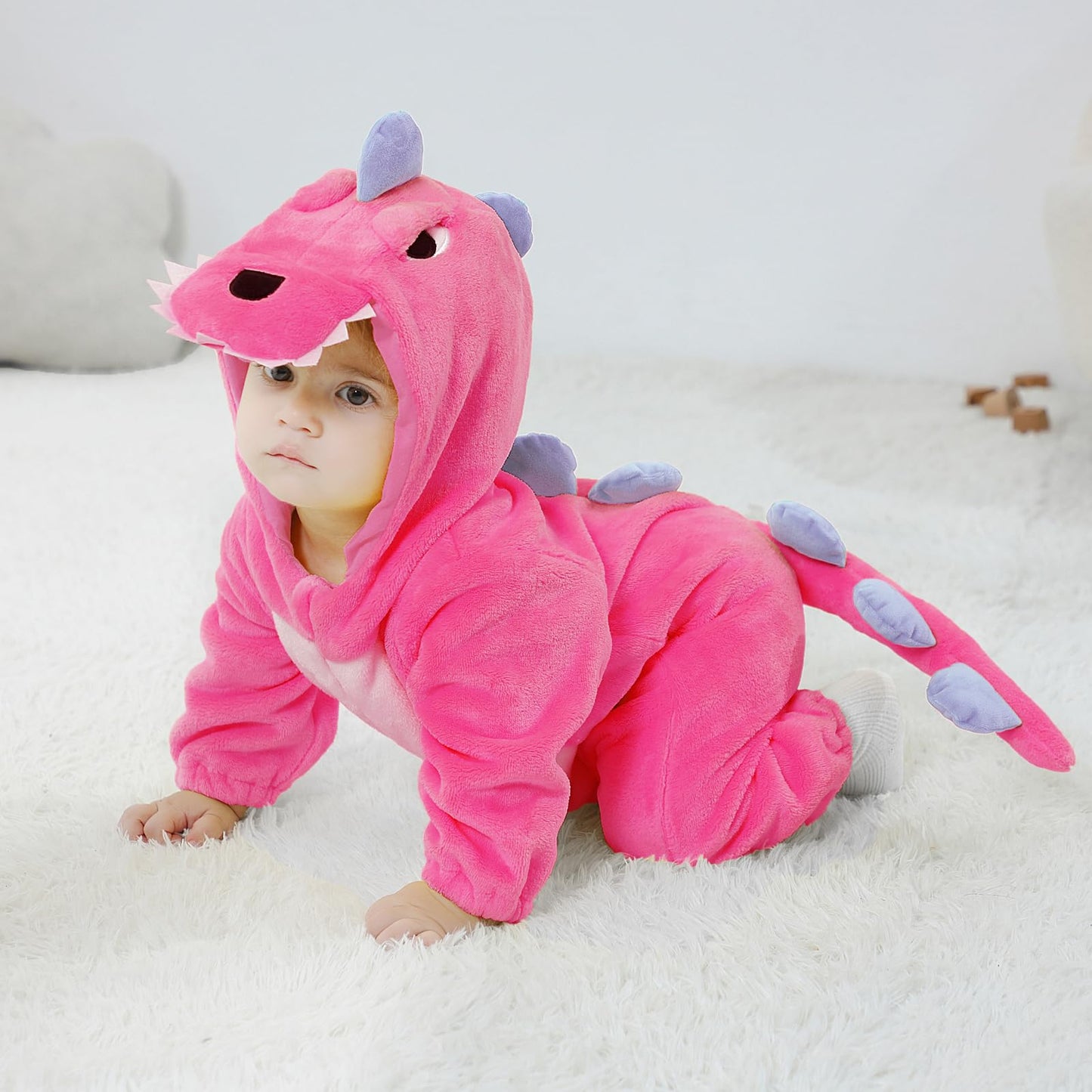 LOLANTA Dinosuar Hooded Flannel Jumpsuit – Pink Toddler Costume (6M-4T)