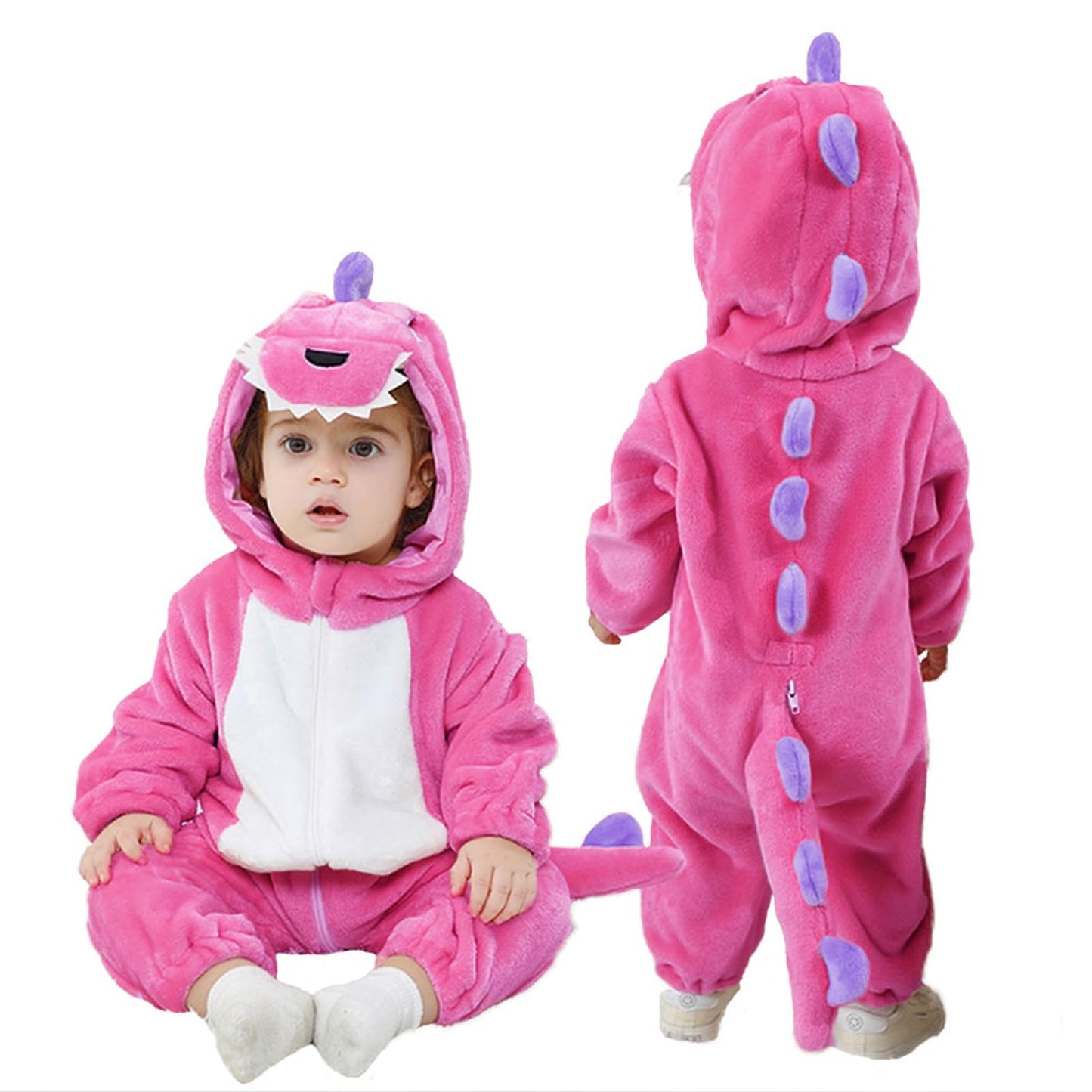 LOLANTA Dinosuar Hooded Flannel Jumpsuit – Pink Toddler Costume (6M-4T)