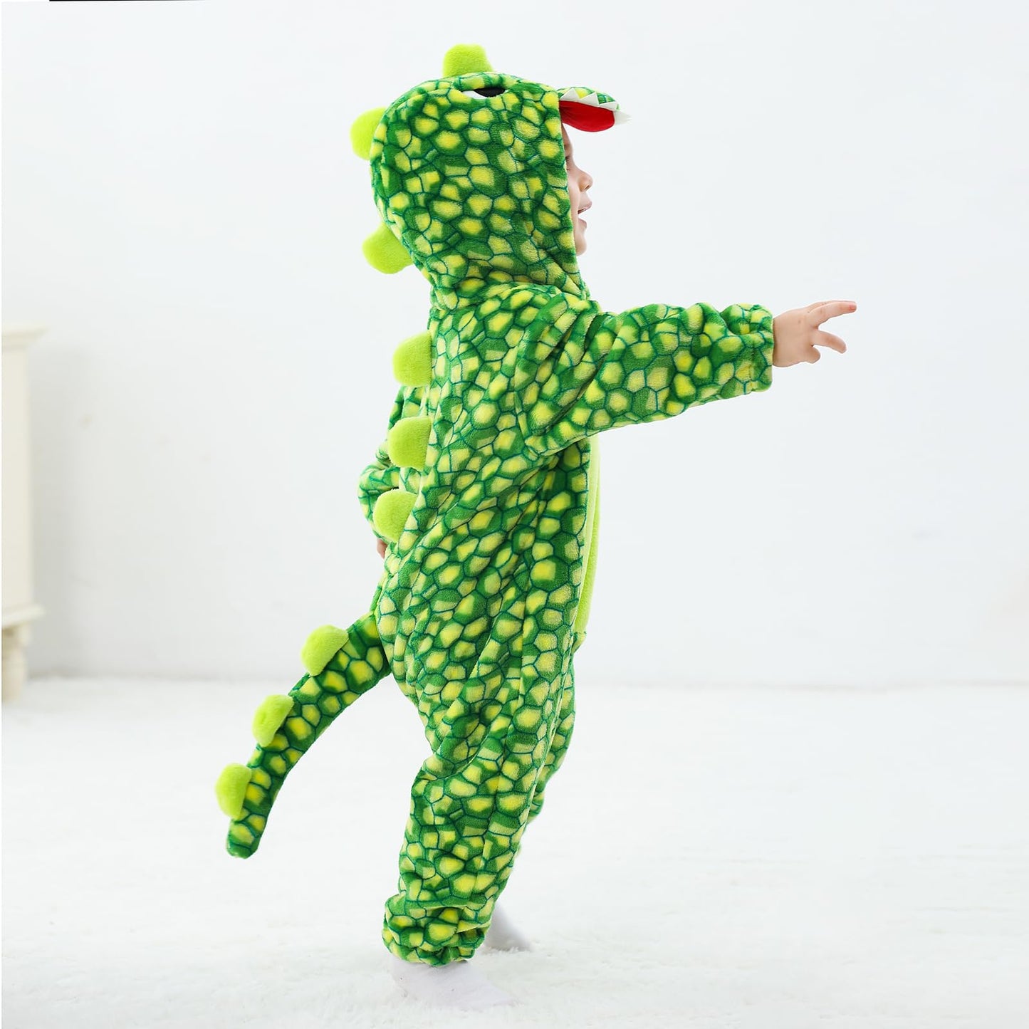 LOLANTA Toddler Dinosaur Hooded Jumpsuit – Flannel Fleece Costume (18-23M, Checked Green)