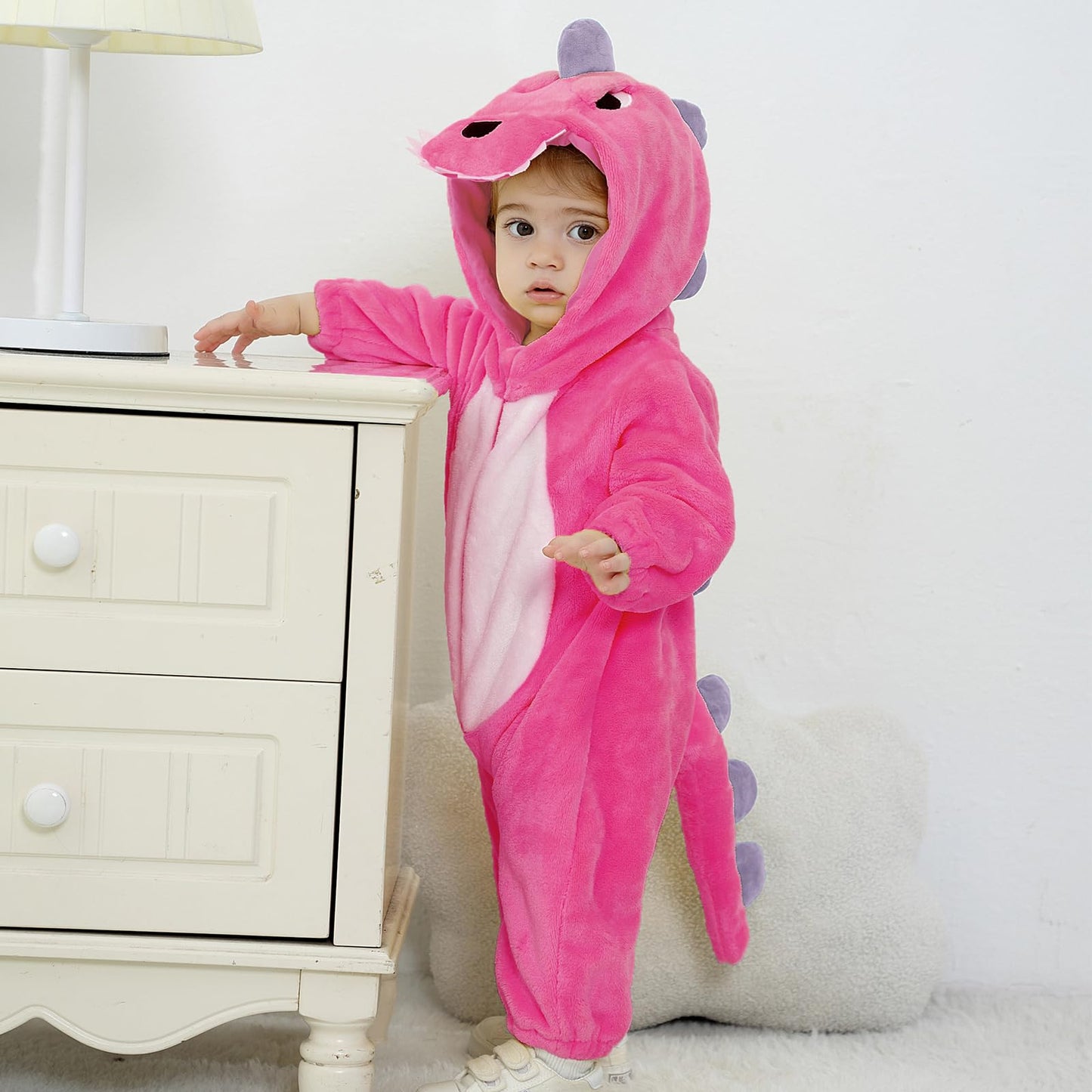 LOLANTA Dinosuar Hooded Flannel Jumpsuit – Pink Toddler Costume (6M-4T)