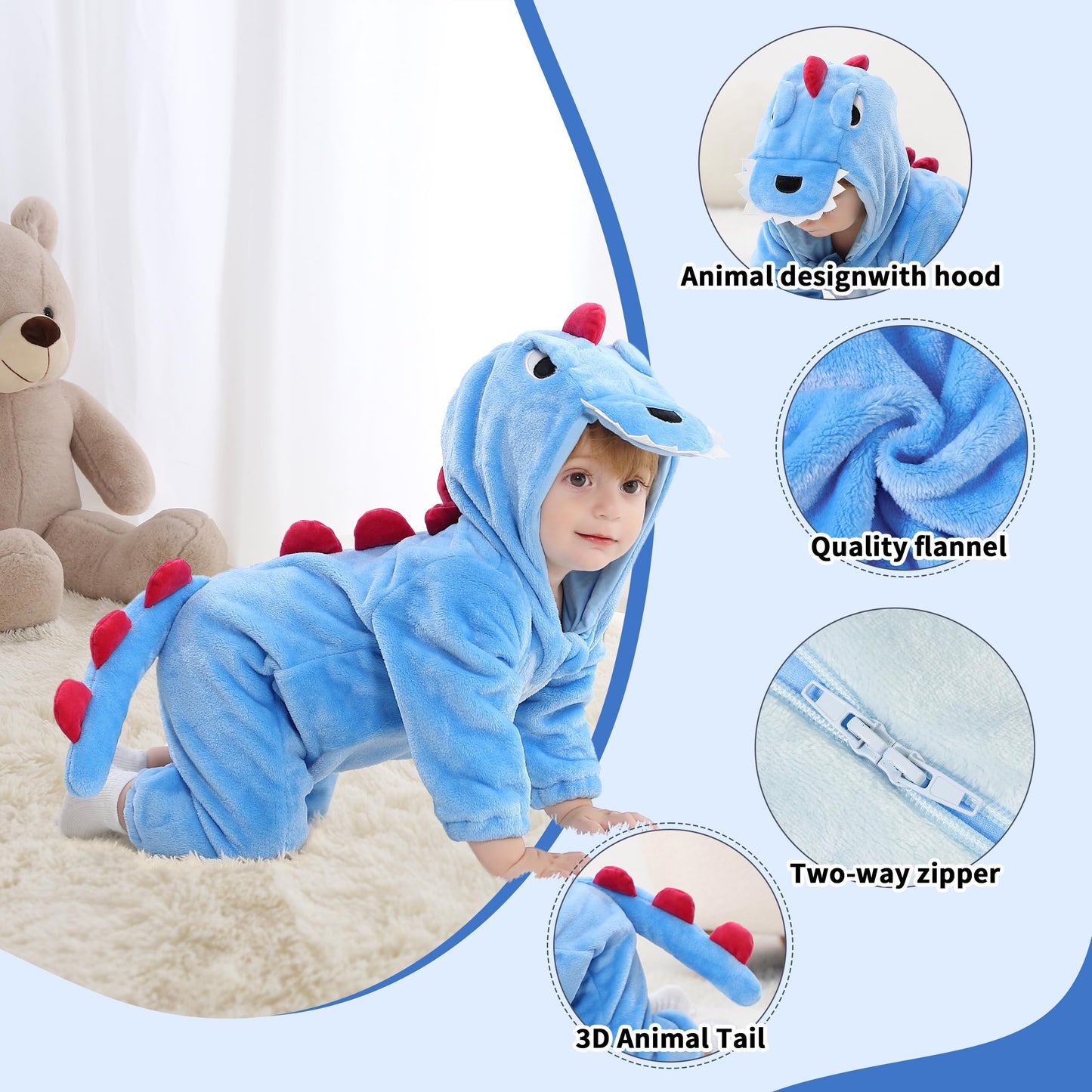 LOLANTA Toddler Dinosaur Costume Hoodie Onesie (3-3.5Y, Blue) – Soft Flannel, 2-Way Zip