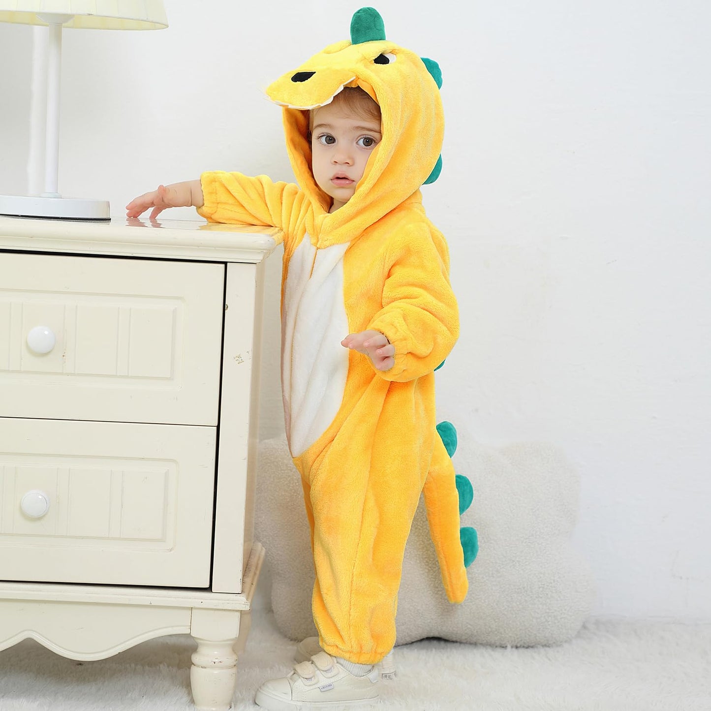LOLANTA Toddler Dinosaur Hooded Jumpsuit - Flannel Fleece, Yellow, 3-3.5Y