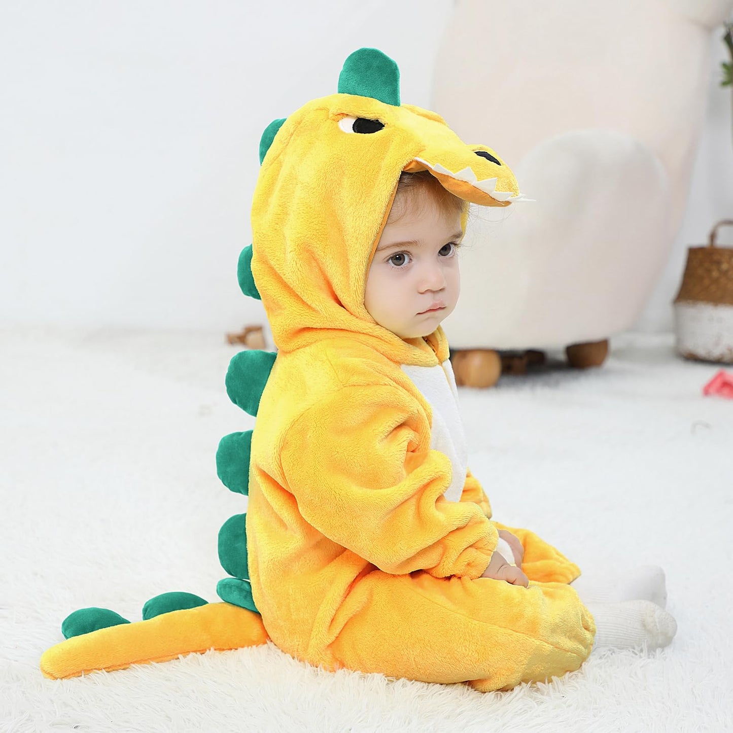 LOLANTA Toddler Dinosaur Hooded Jumpsuit - Flannel Fleece, Yellow, 3-3.5Y