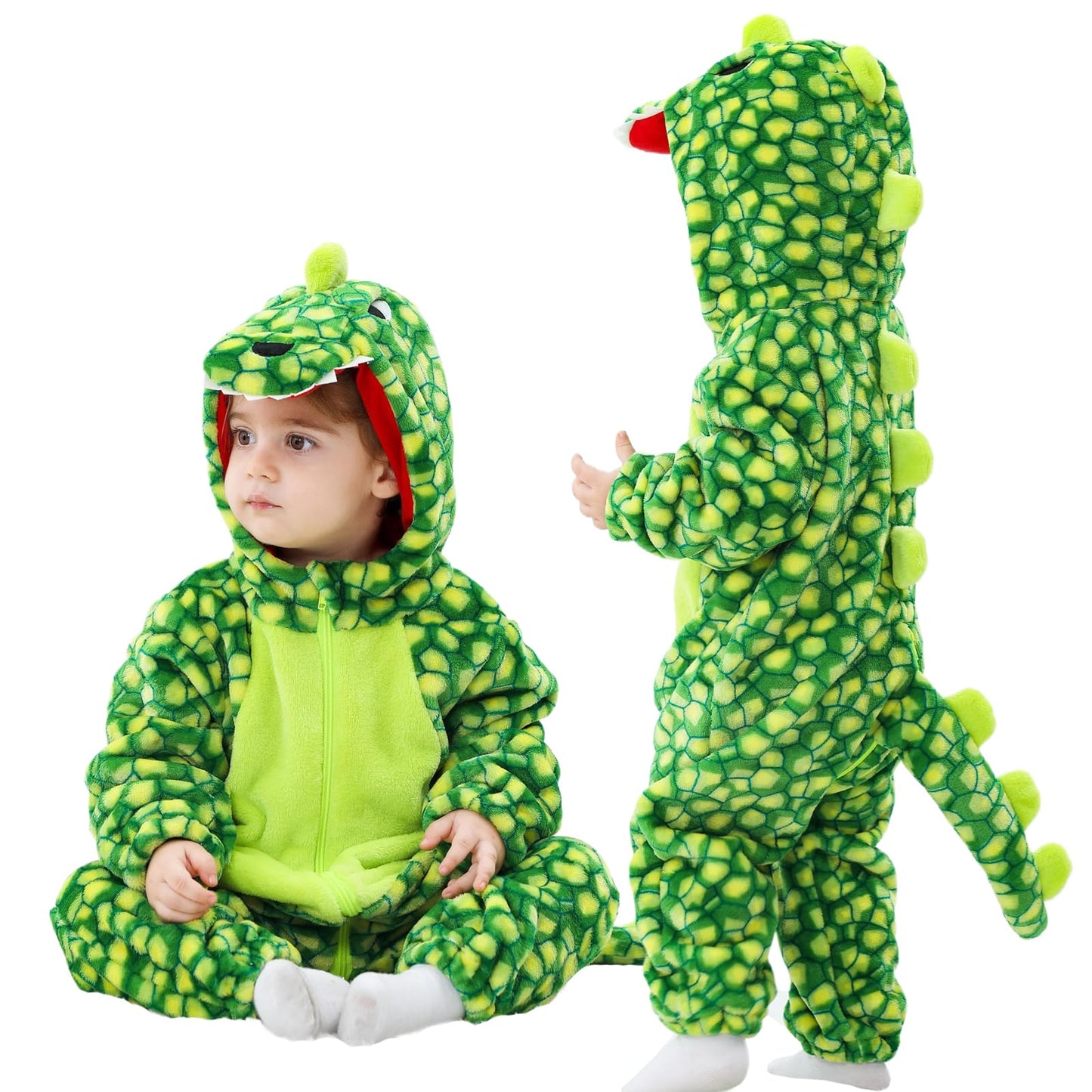 LOLANTA Toddler Dinosaur Hooded Jumpsuit – Flannel Fleece Costume (18-23M, Checked Green)