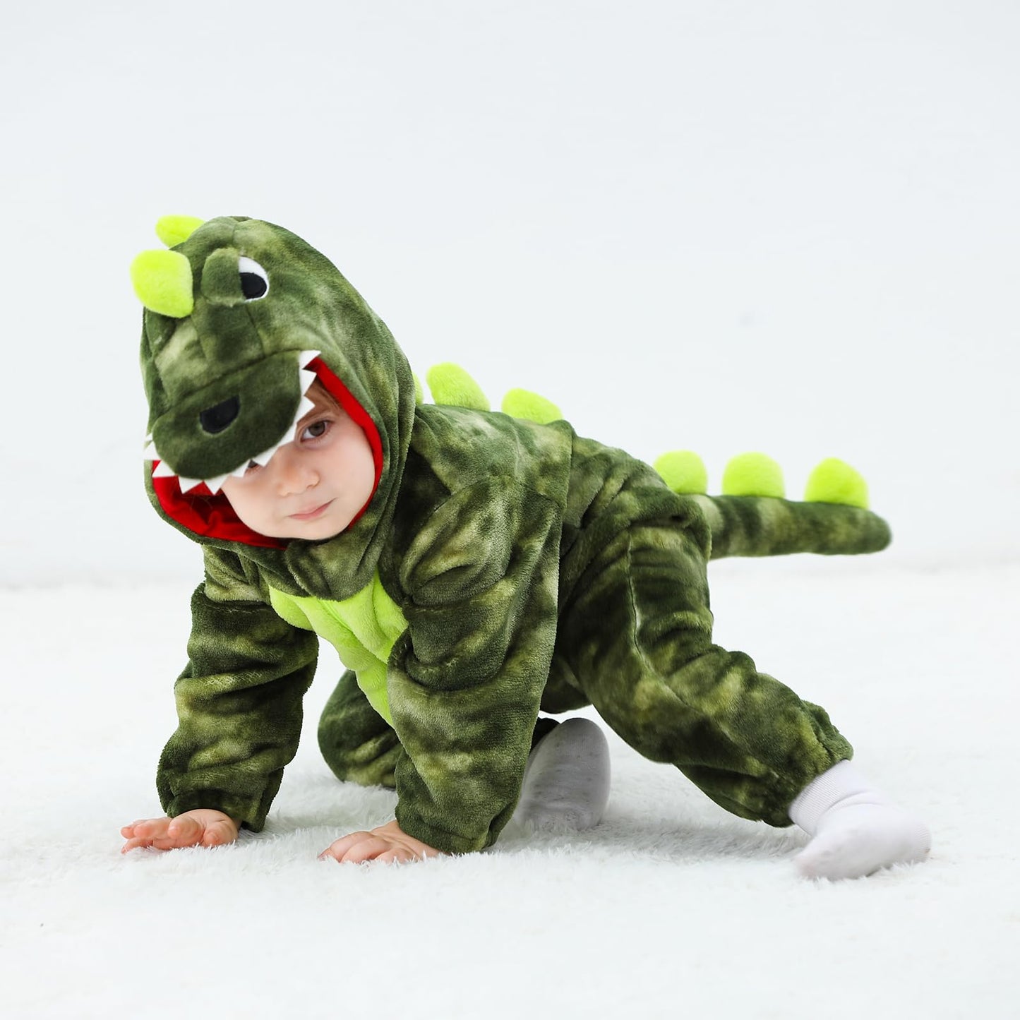 LOLANTA Toddler Dinosuar Costume Onesie – Flannel Hooded Jumpsuit (18-23M, Tie-Dye Green)