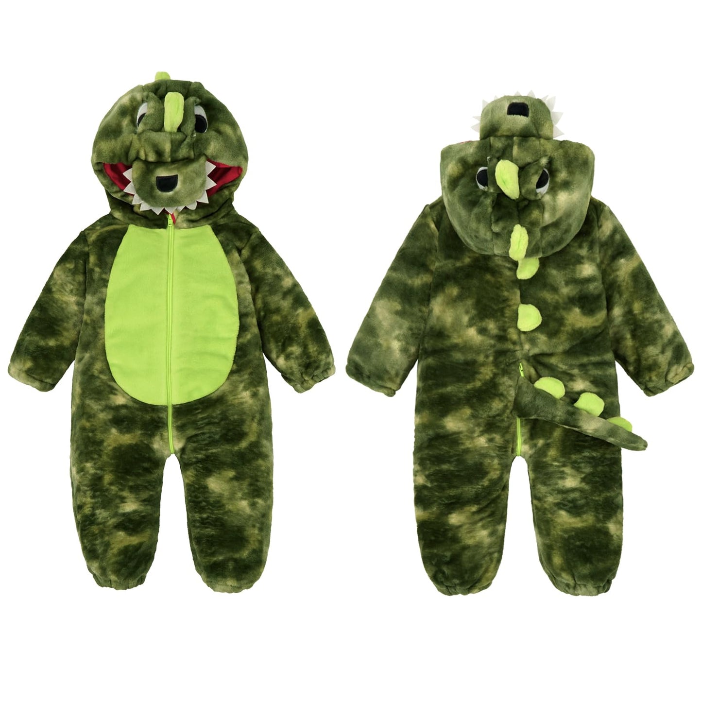 LOLANTA Toddler Dinosuar Costume Onesie – Flannel Hooded Jumpsuit (18-23M, Tie-Dye Green)