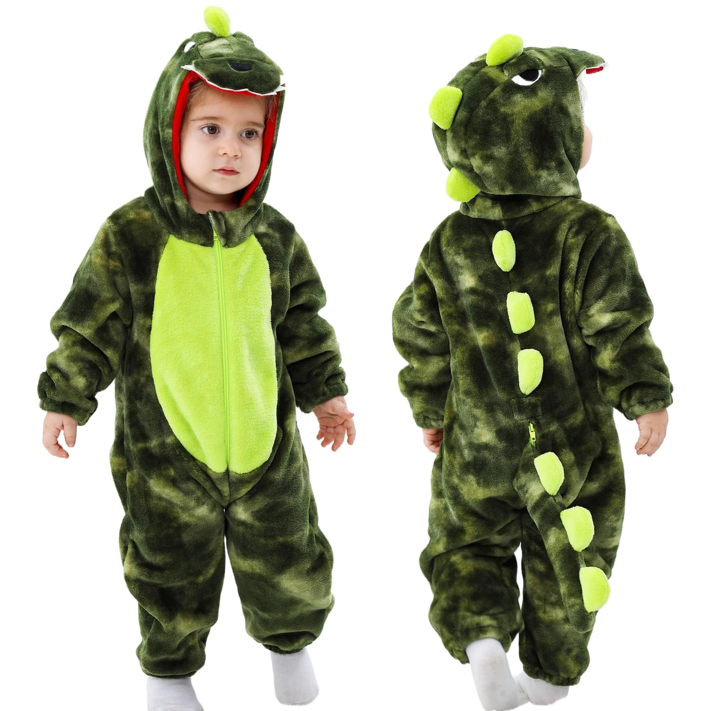LOLANTA Toddler Dinosuar Costume Onesie – Flannel Hooded Jumpsuit (18-23M, Tie-Dye Green)