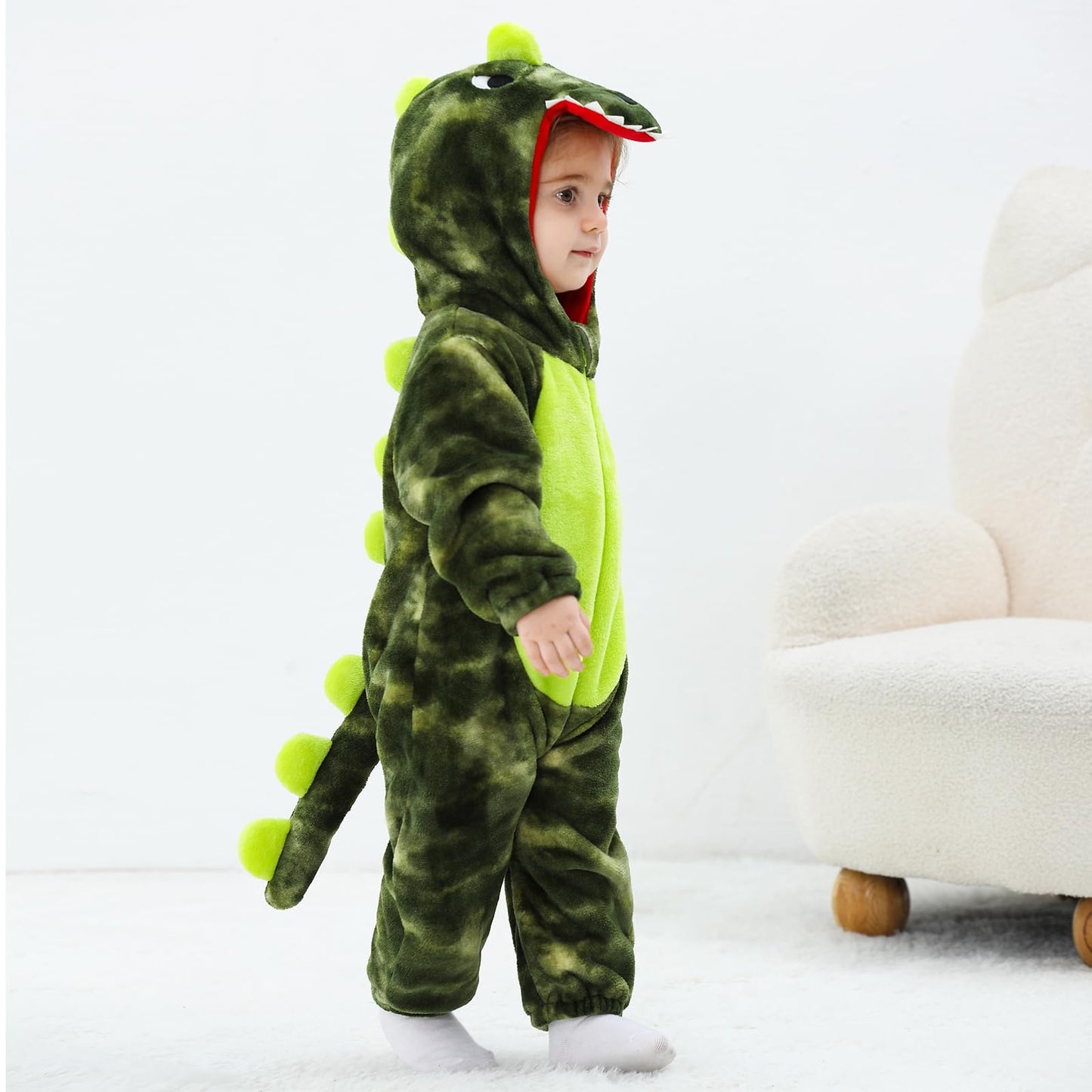 LOLANTA Toddler Dinosuar Costume Onesie – Flannel Hooded Jumpsuit (18-23M, Tie-Dye Green)