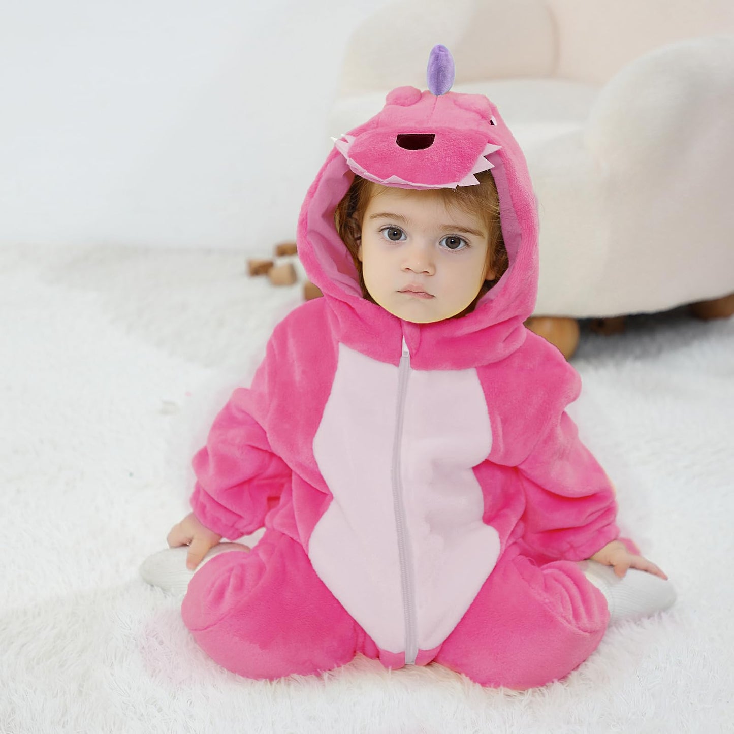 LOLANTA Dinosuar Hooded Flannel Jumpsuit – Pink Toddler Costume (6M-4T)