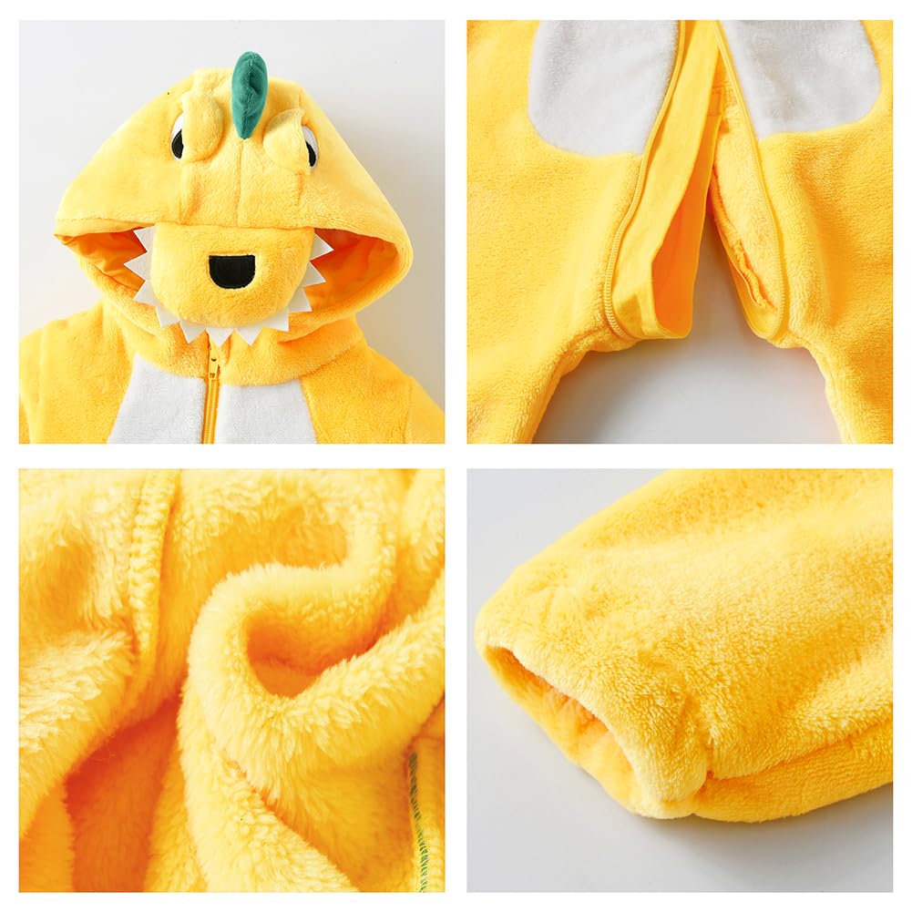 LOLANTA Toddler Dinosaur Costume Onesie – Flannel Hooded Jumpsuit, 5 Months to 4 Years, Yellow